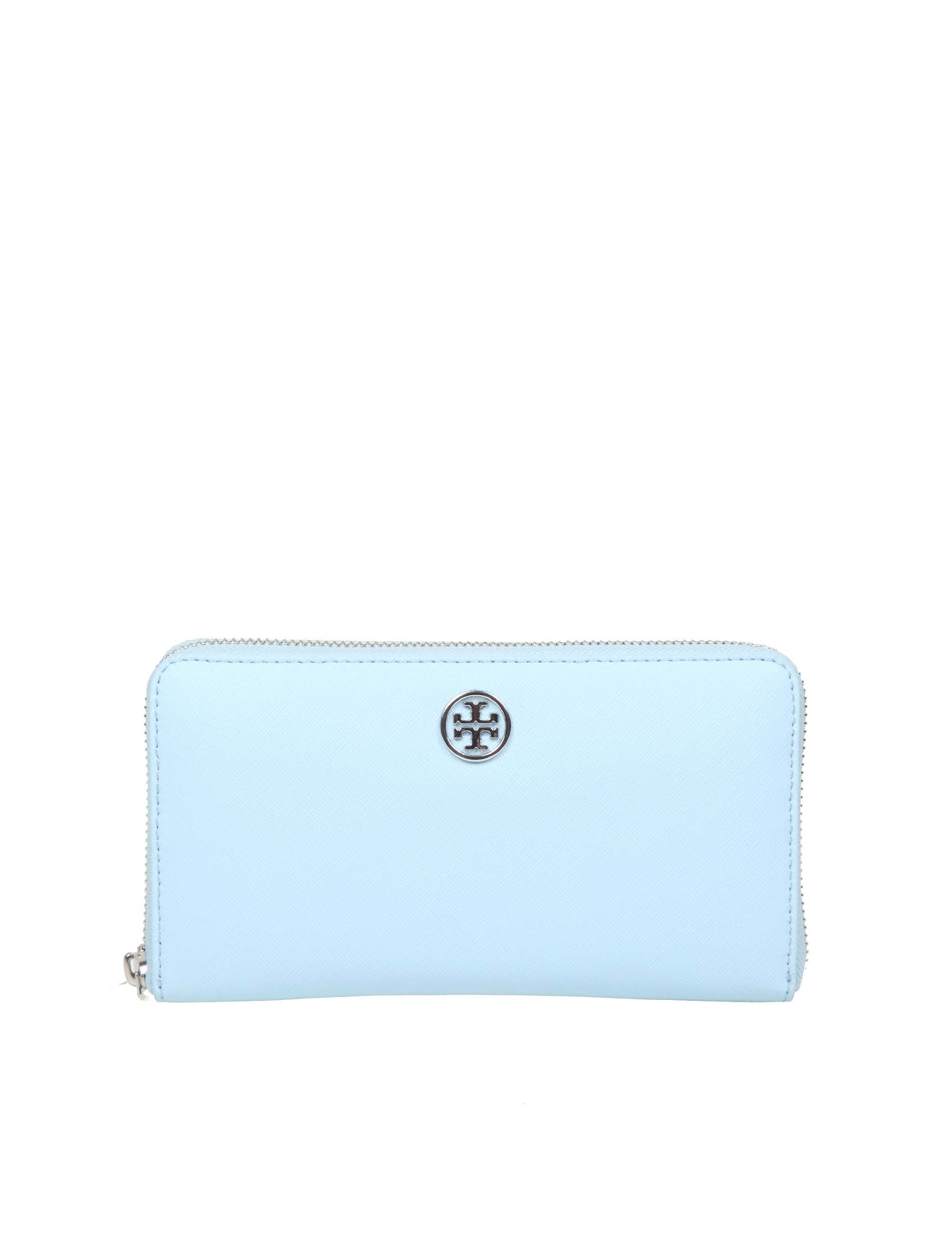 TORY BURCH ROBINSON WALLET IN LIGHT BLUE LEATHER
