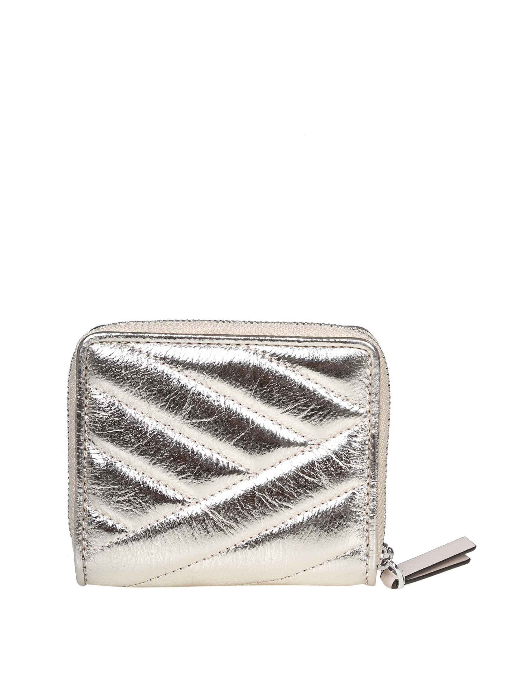 TORY BURCH KIRA CHEVRON WALLET IN PLATINUM LAMINATED LEATHER