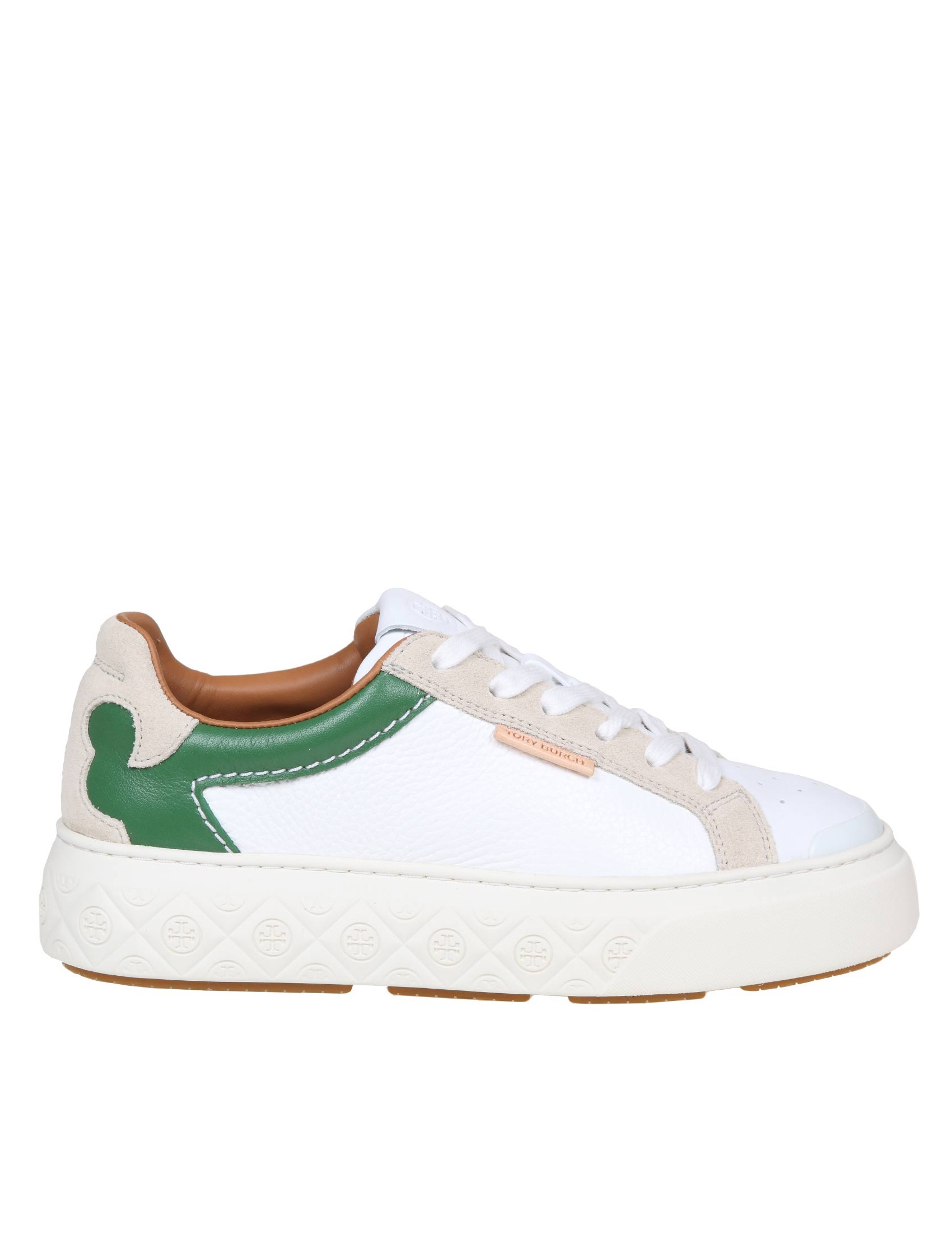 TORY BURCH SNEAKER LADYBUG IN WHITE AND GREEN LEATHER