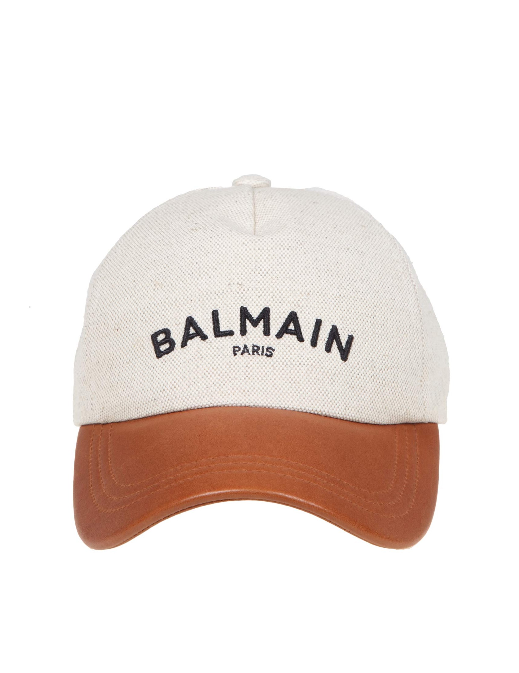 BALMAIN COTTON AND LEATHER HAT WITH EMBROIDERED LOGO