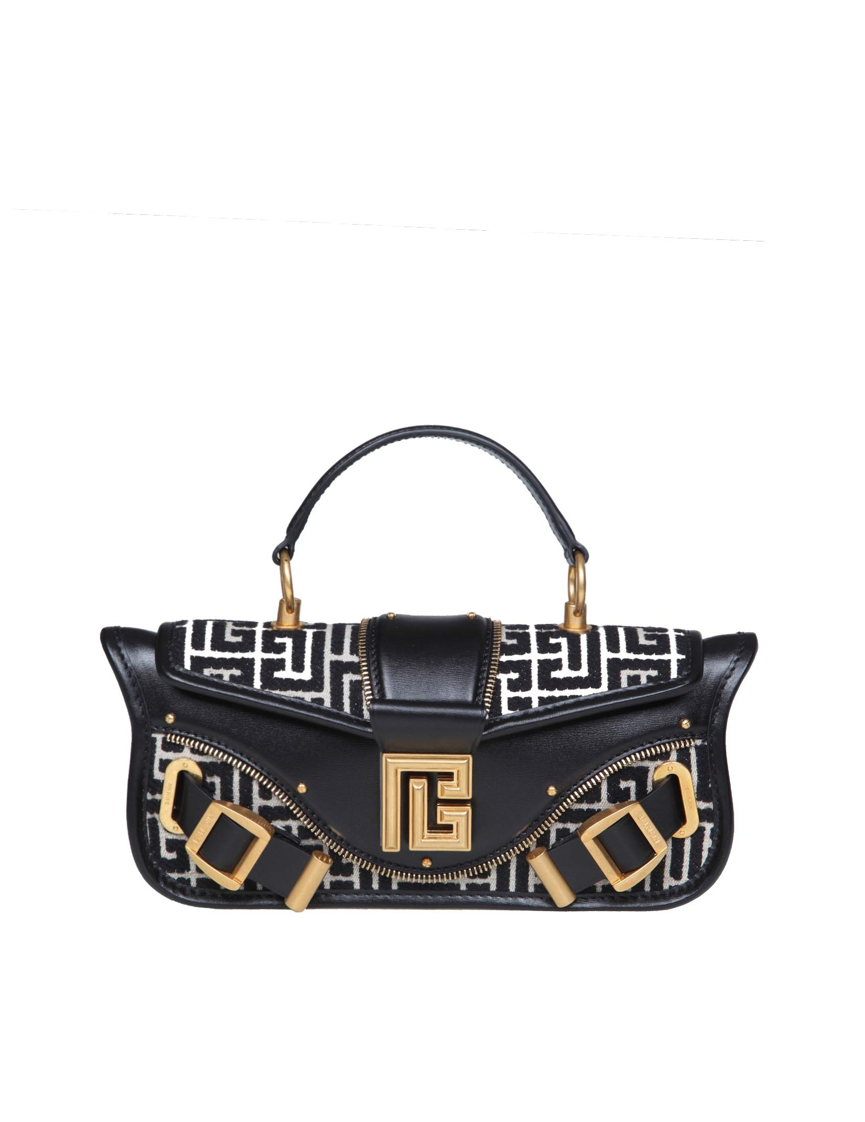 BALMAIN BAGUETTE BLAZE PIUCH-BOX IN LEATHER AND MONOGRAM FABRIC