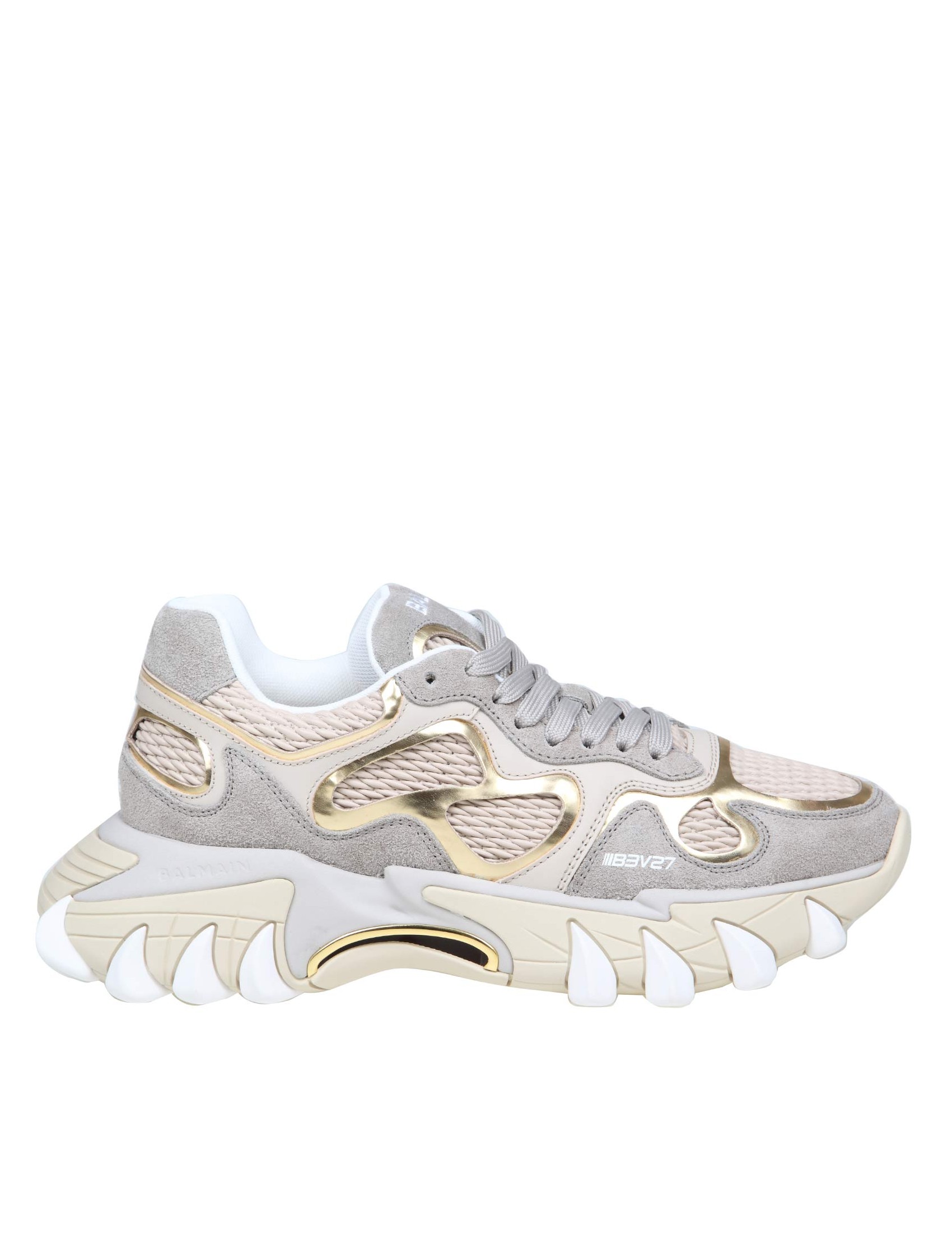 BALMAIN B-EAST SNEAKERS IN GRAY AND GOLD SUEDE AND LEATHER