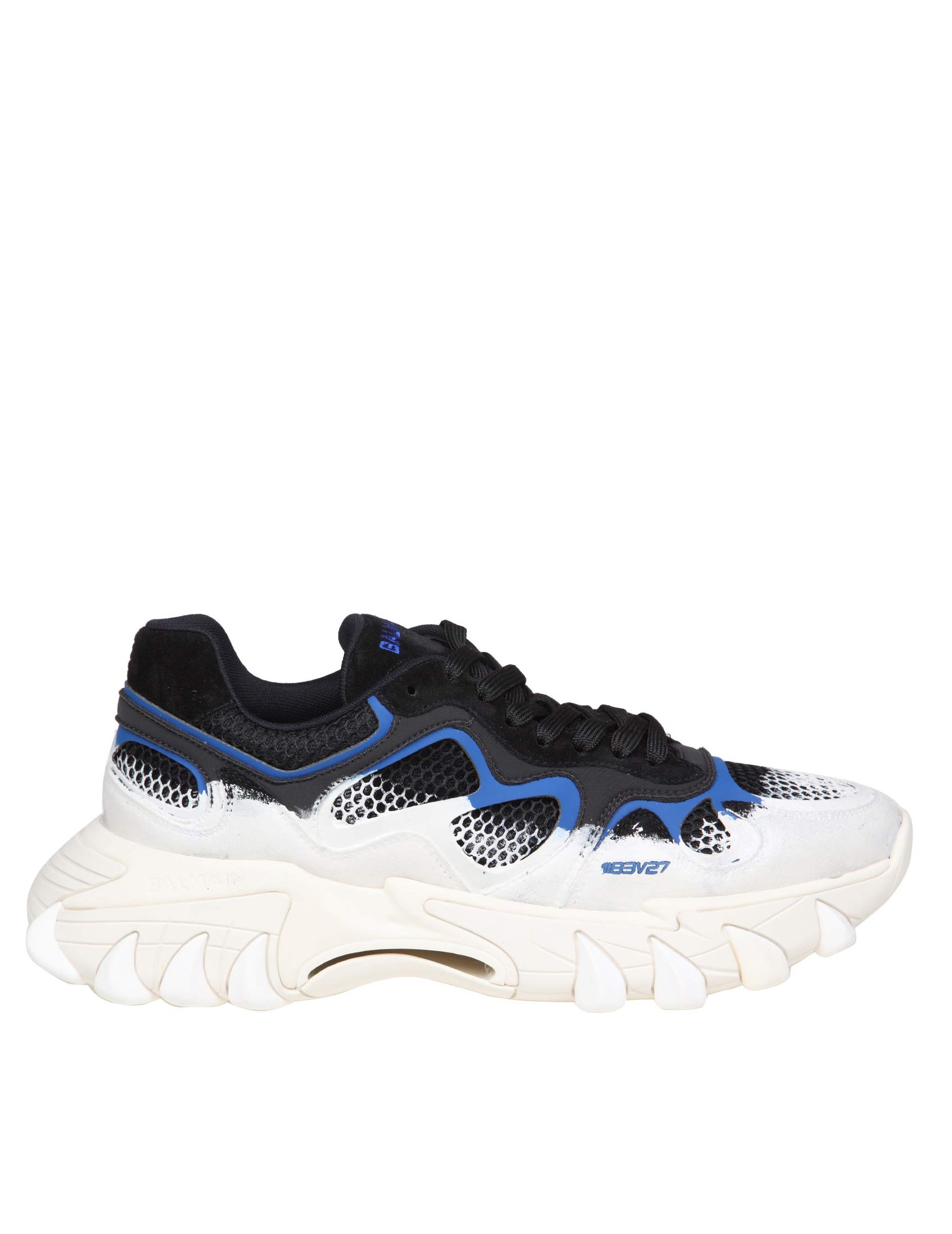 BALMAIN B-EAST SNEAKERS IN BLACK AND BLUE LEATHER AND MESH