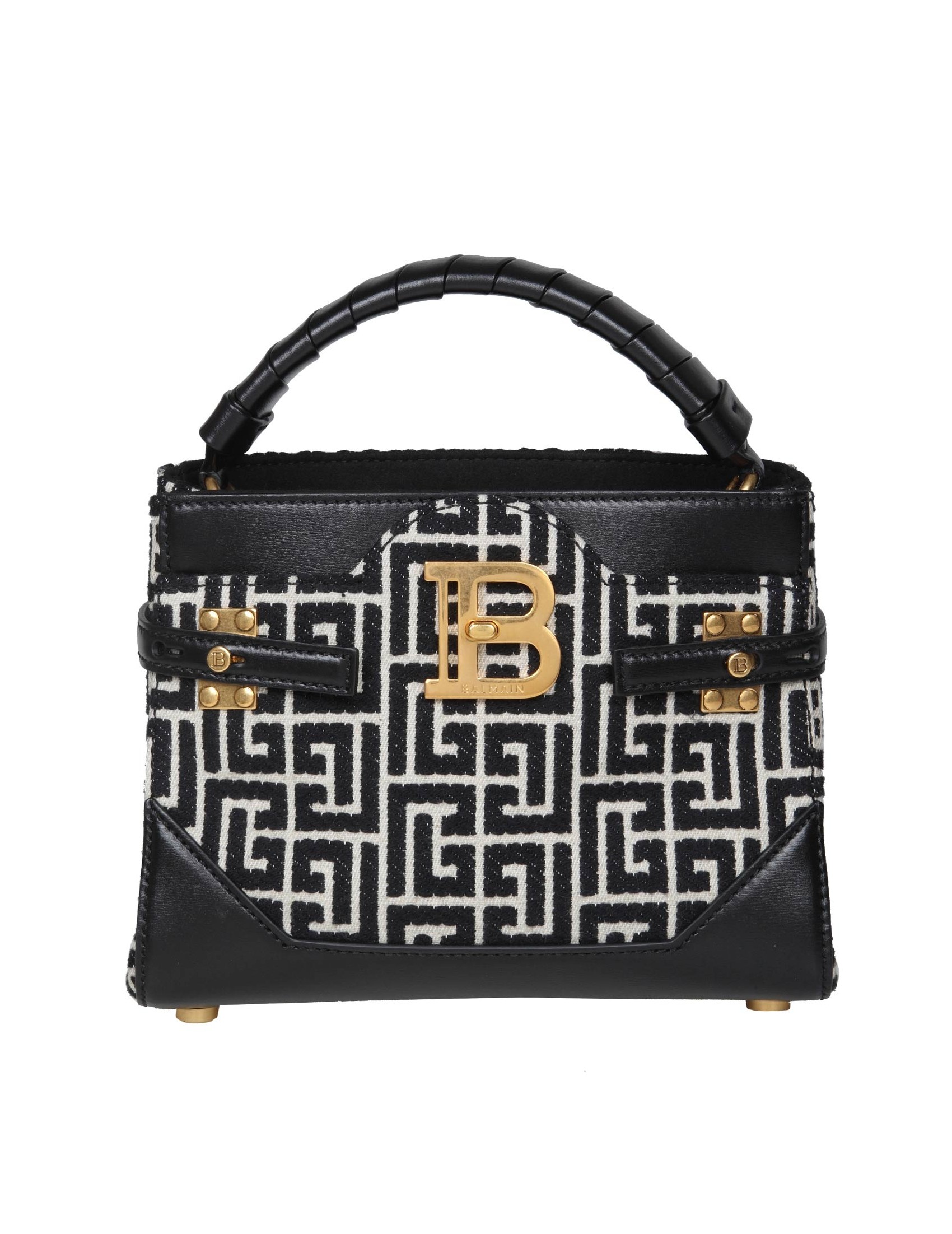 BALMAIN SMALL BBUZZ BAG IN LEATHER AND CANVAS