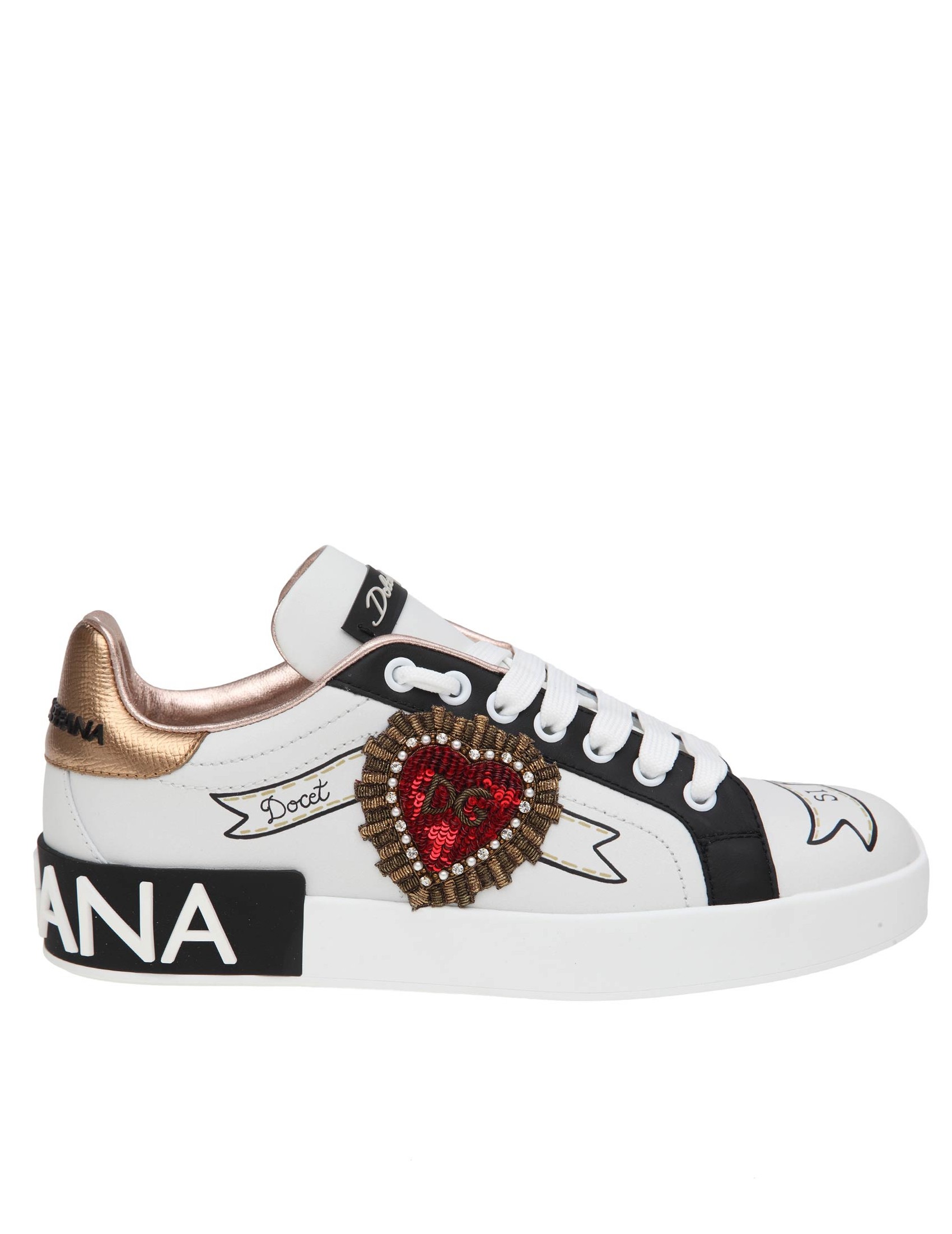 DOLCE & GABBANA PORTOFINO SNEAKERS IN WHITE LEATHER WITH APPLICATIONS