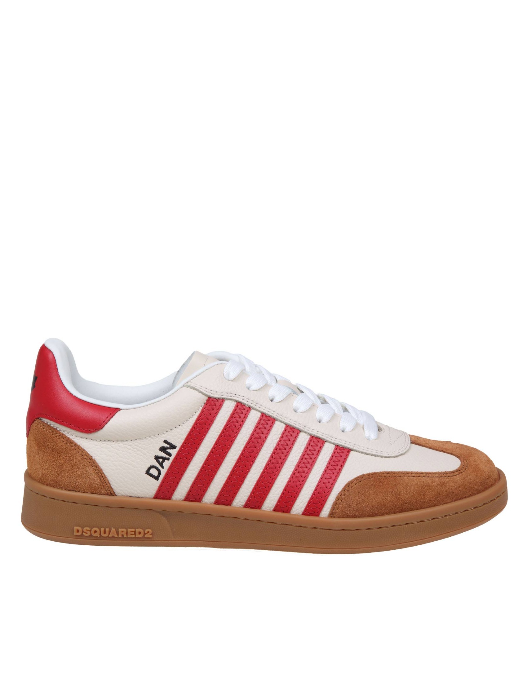 DSQUARED2 SNEAKERS BOXER IN PELLE E CAMOSCIO COLORE BIANCO ROSSO