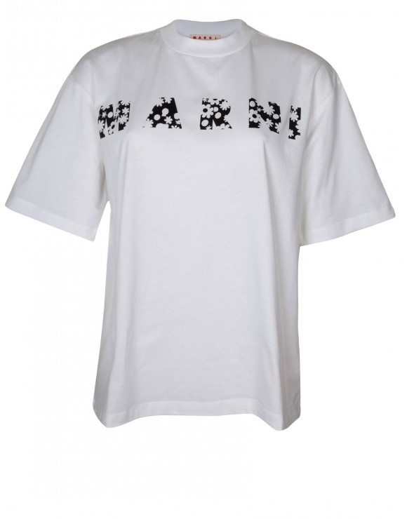 【関税込み】Marni ホワイト Pop Fields ロゴ Tシャツ MARNI (マルニ) ロゴプリント クルーネック 半袖 Tシャツ Pop
