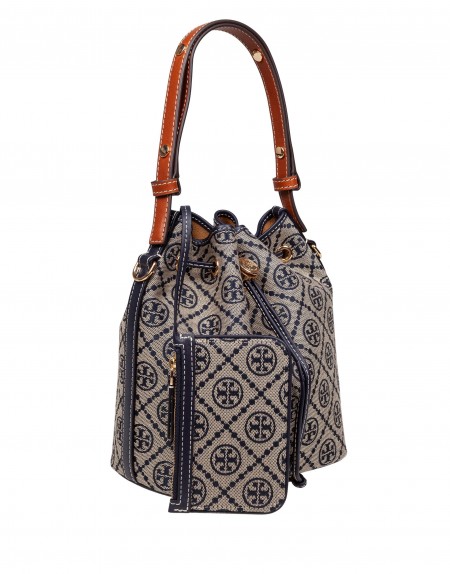 TORY BURCH MONOGRAM CASE BUCKET BAG WITH JACQUARD PATTERN BLUE
