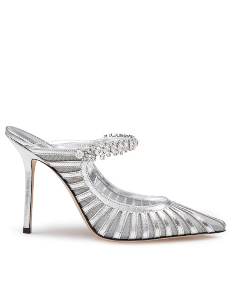 JIMMY CHOO MULES BING IN PELLE E TULLE COLORE ARGENTO