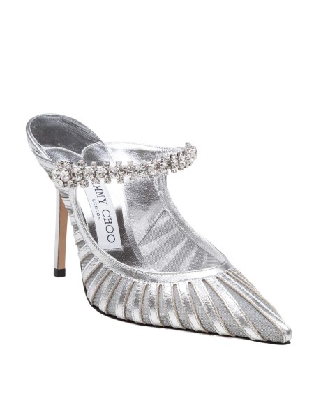 JIMMY CHOO MULES BING IN PELLE E TULLE COLORE ARGENTO