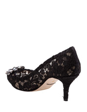 DOLCE & GABBANA BELLUCCI BLACK LACE PUMPS WITH CRYSTAL APPLICATION