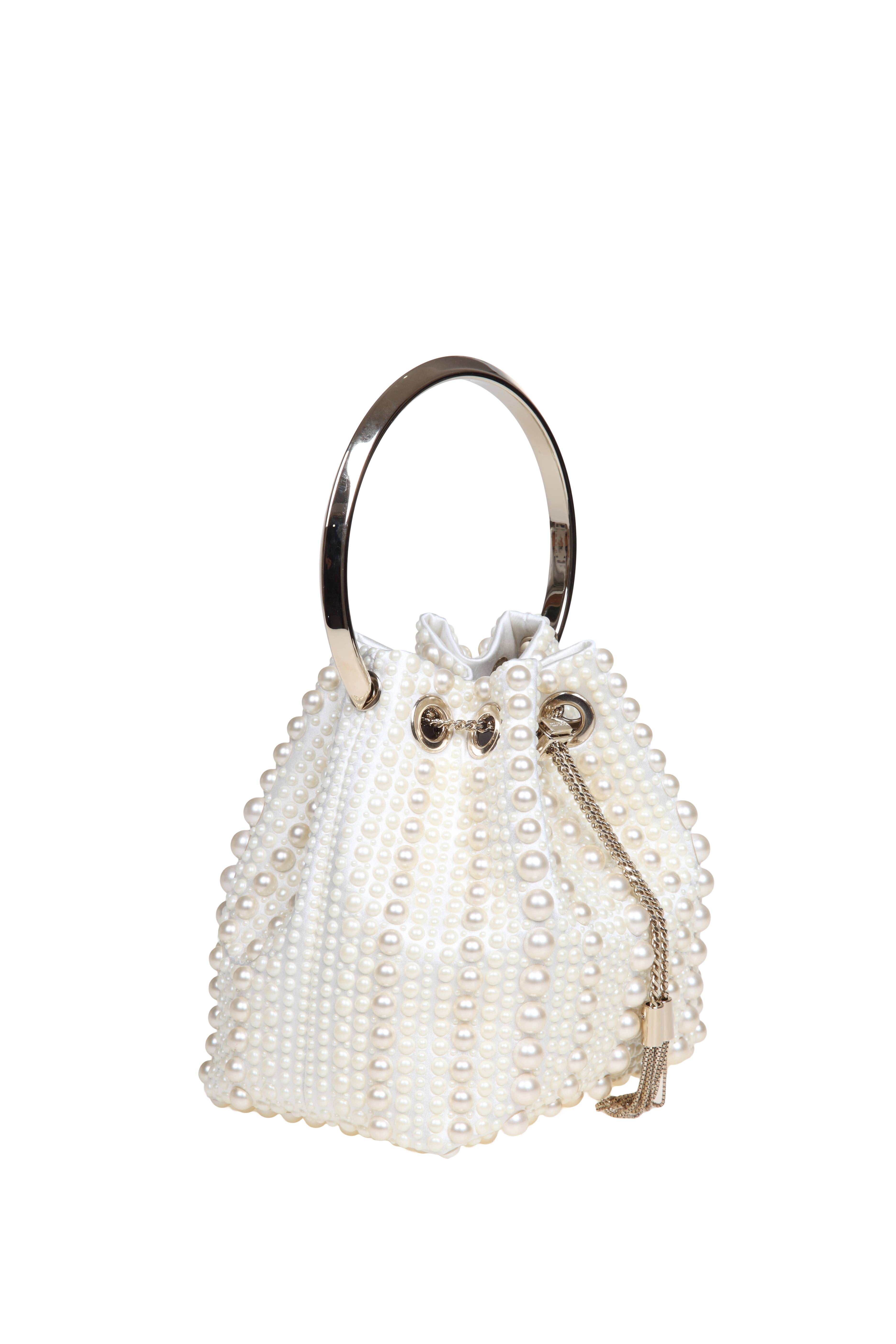 JIMMY CHOO SECCHIELLO BON BON IN RASO E PERLE APPLICATE