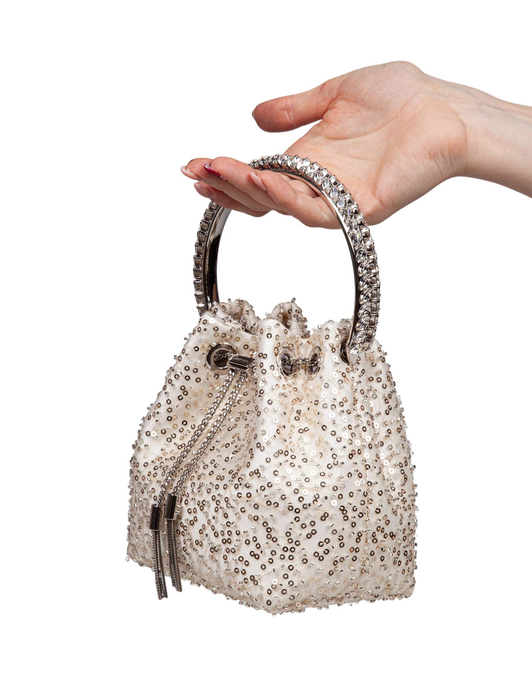 JIMMY CHOO BORSA BON BON IN RASO CON MICRO RETE E PIETRE APPLICATE
