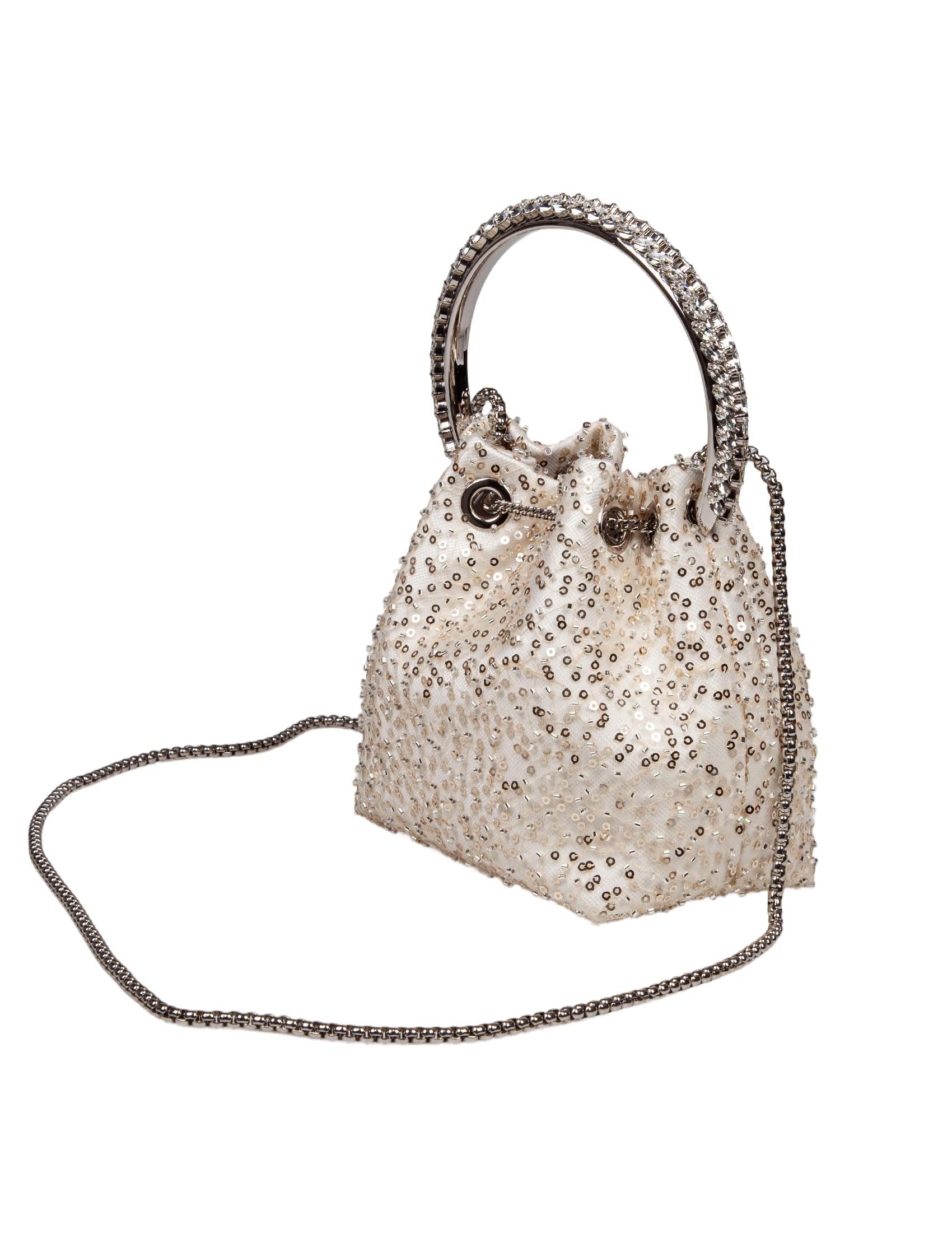 JIMMY CHOO BORSA BON BON IN RASO CON MICRO RETE E PIETRE APPLICATE