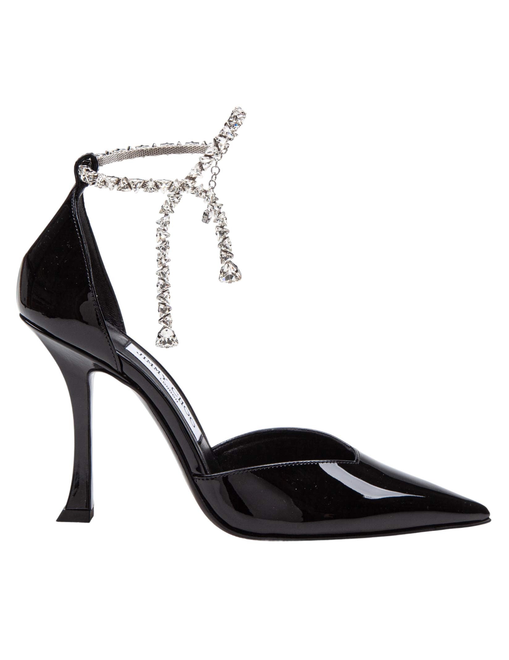 JIMMY CHOO STEVIE 100 PATENT LEATHER SANDAL WITH CRYSTAL ANKLET