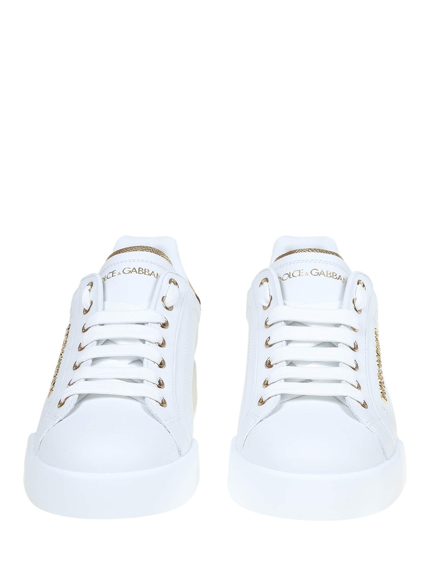 DOLCE & GABBANA PORTOFINO SNEAKERS IN WHITE LEATHER WITH LOGO PEARL
