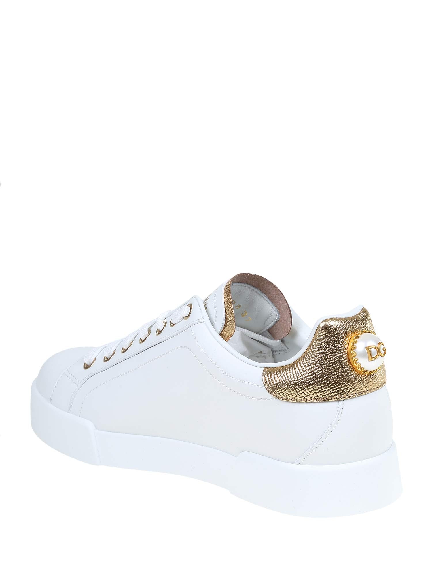 DOLCE & GABBANA PORTOFINO SNEAKERS IN WHITE LEATHER WITH LOGO PEARL