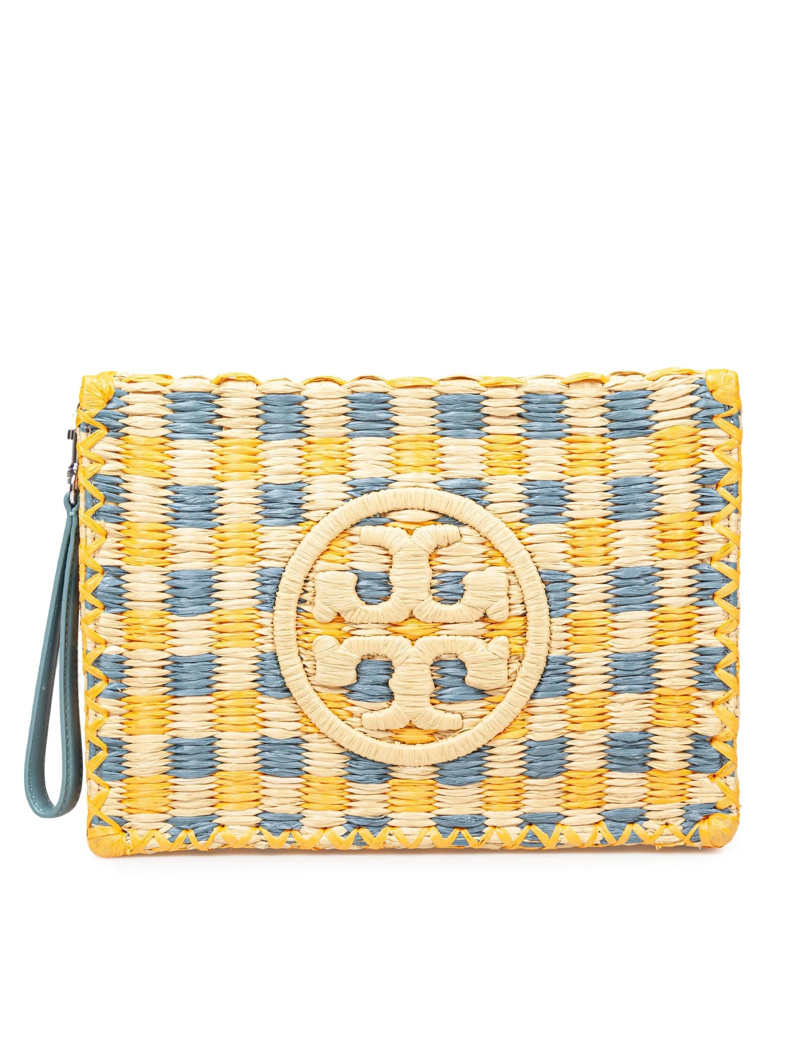 TORY BURCH POCHETTE ELLA IN RAFIA COLORE NATURALE E TURCHESE