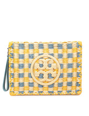 TORY BURCH POCHETTE ELLA IN RAFIA COLORE NATURALE E TURCHESE