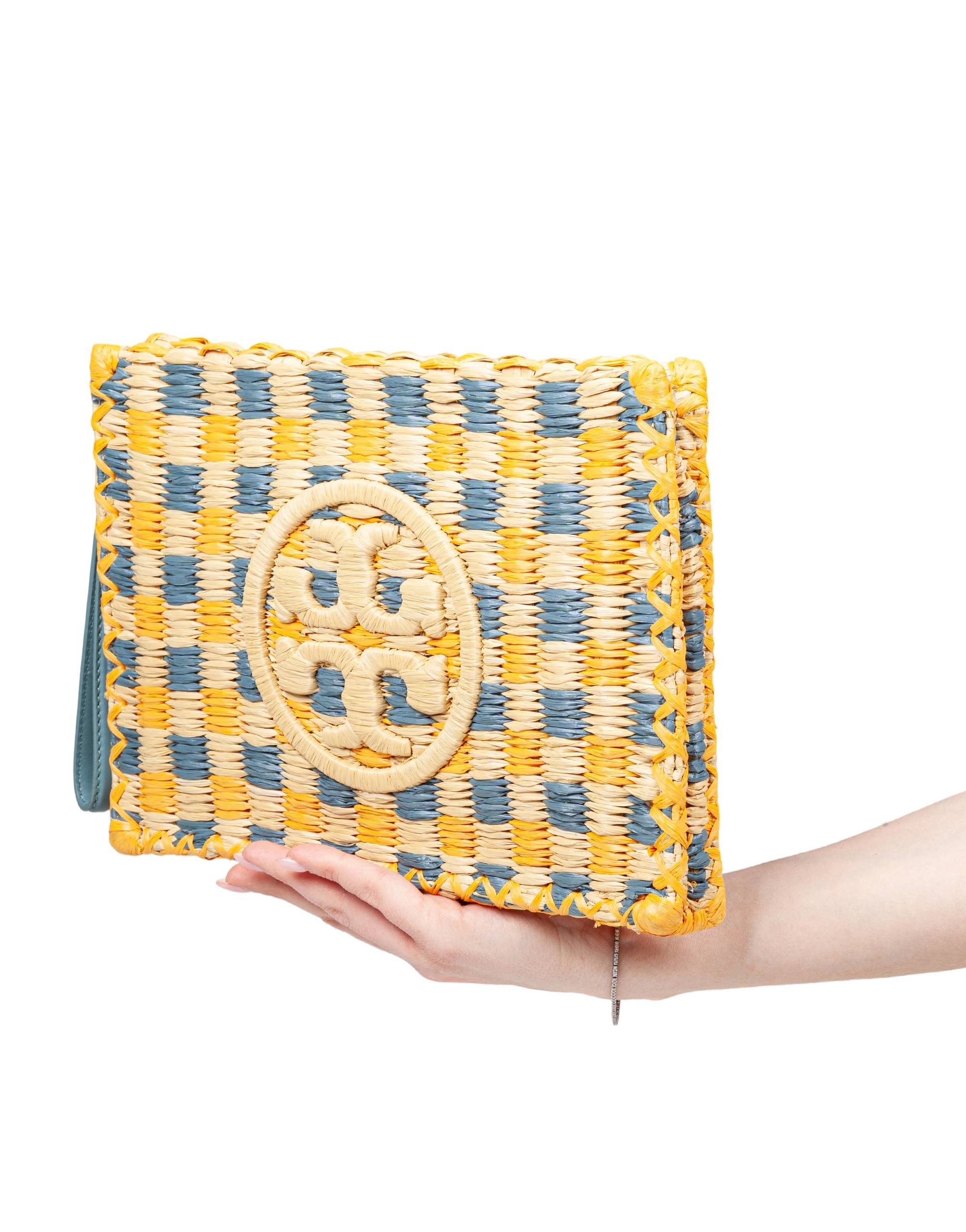 TORY BURCH POCHETTE ELLA IN RAFIA COLORE NATURALE E TURCHESE