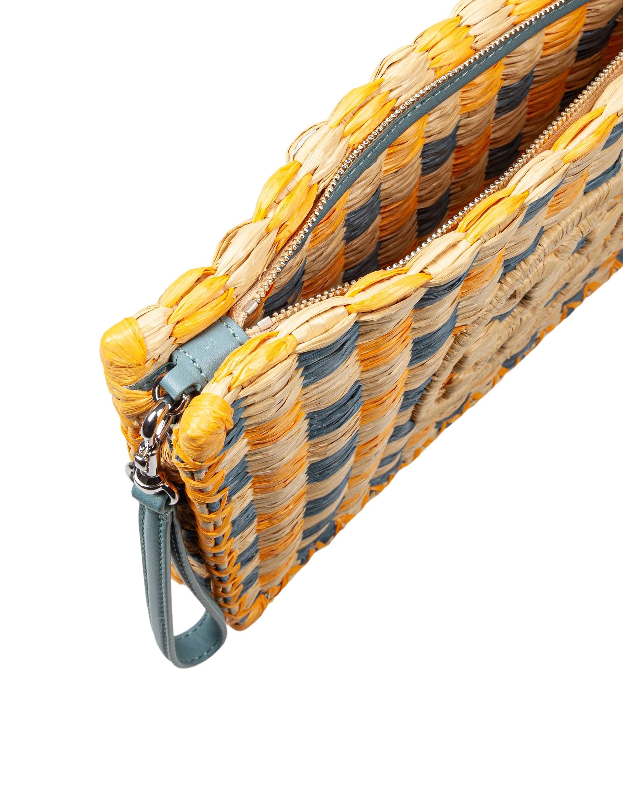 TORY BURCH POCHETTE ELLA IN RAFIA COLORE NATURALE E TURCHESE