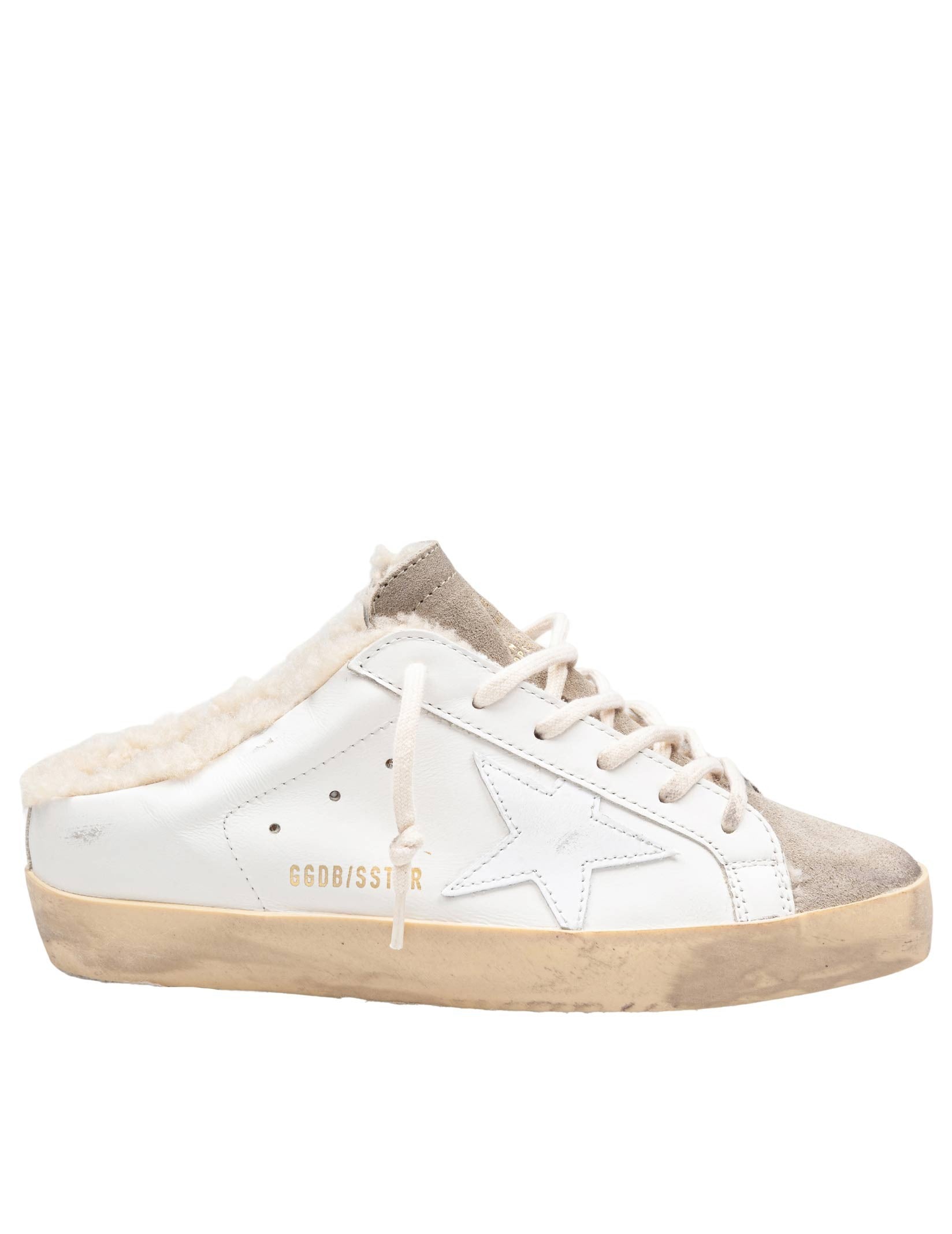 GOLDEN GOOSE SNAKERS SUPER STAR LEATHER SABOT WHITE AND TAUPE
