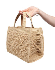 TORY BURCH T MONOGRAM RAFFIA SQUARE TOTE