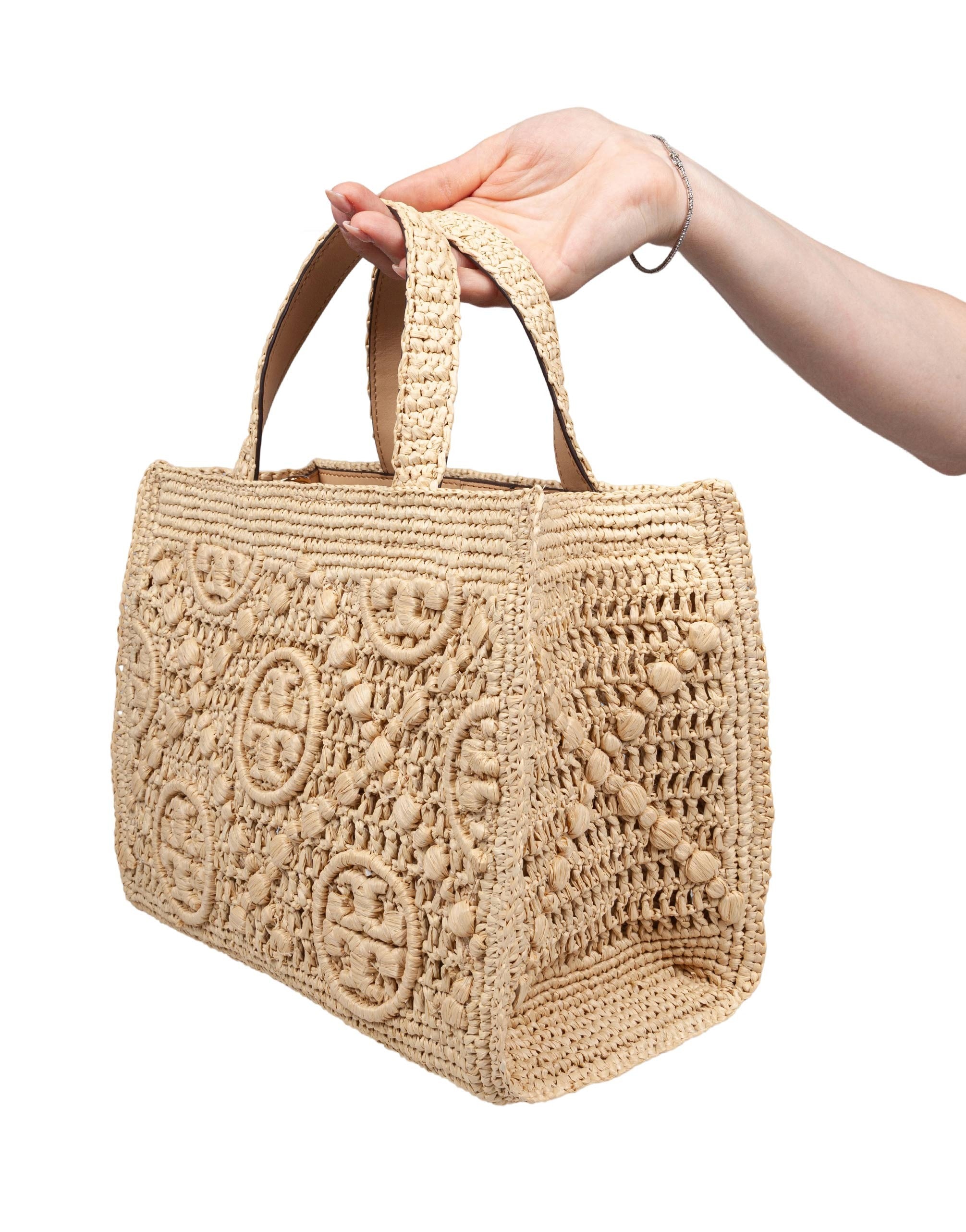 TORY BURCH T MONOGRAM RAFFIA SQUARE TOTE