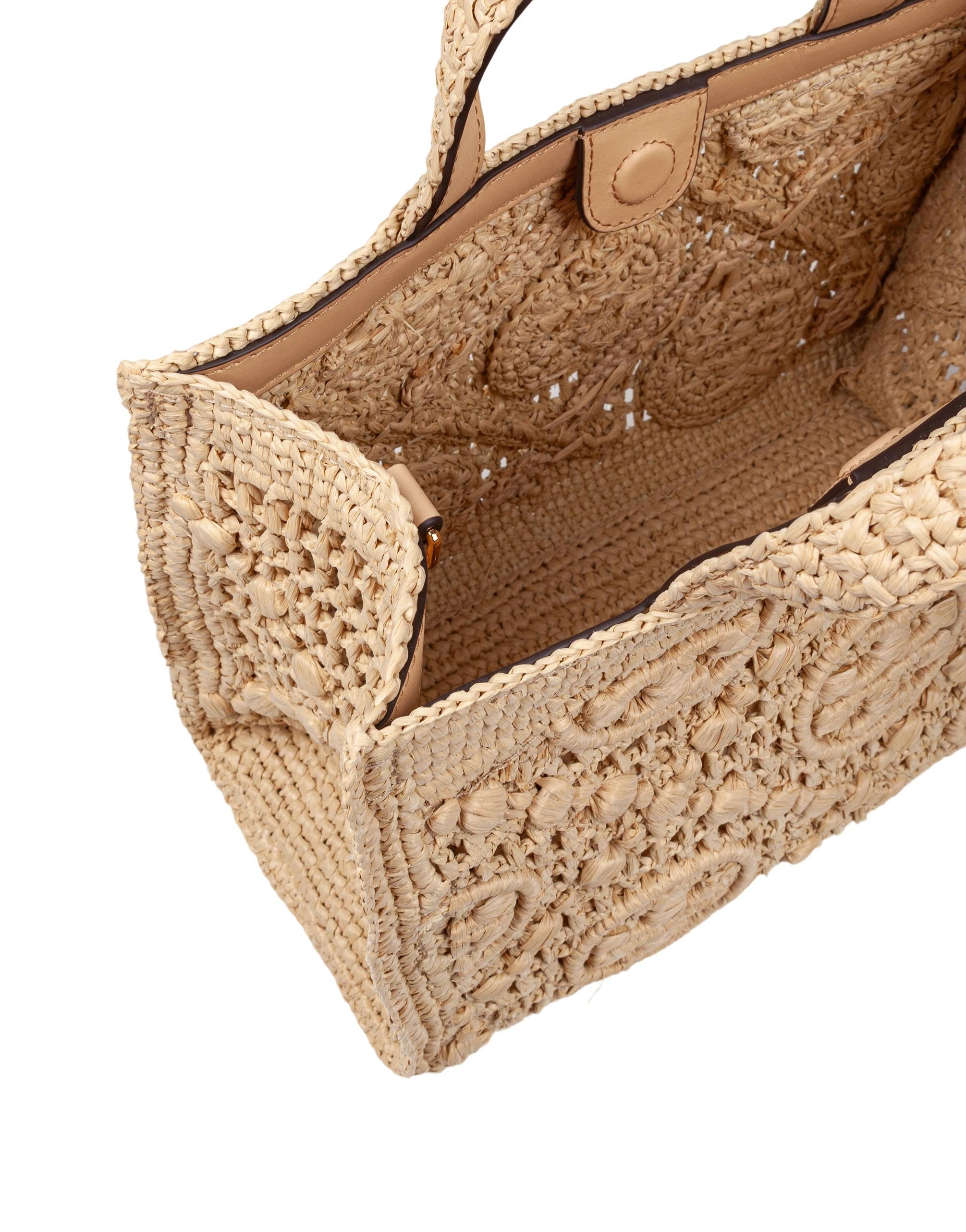 TORY BURCH T MONOGRAM RAFFIA SQUARE TOTE