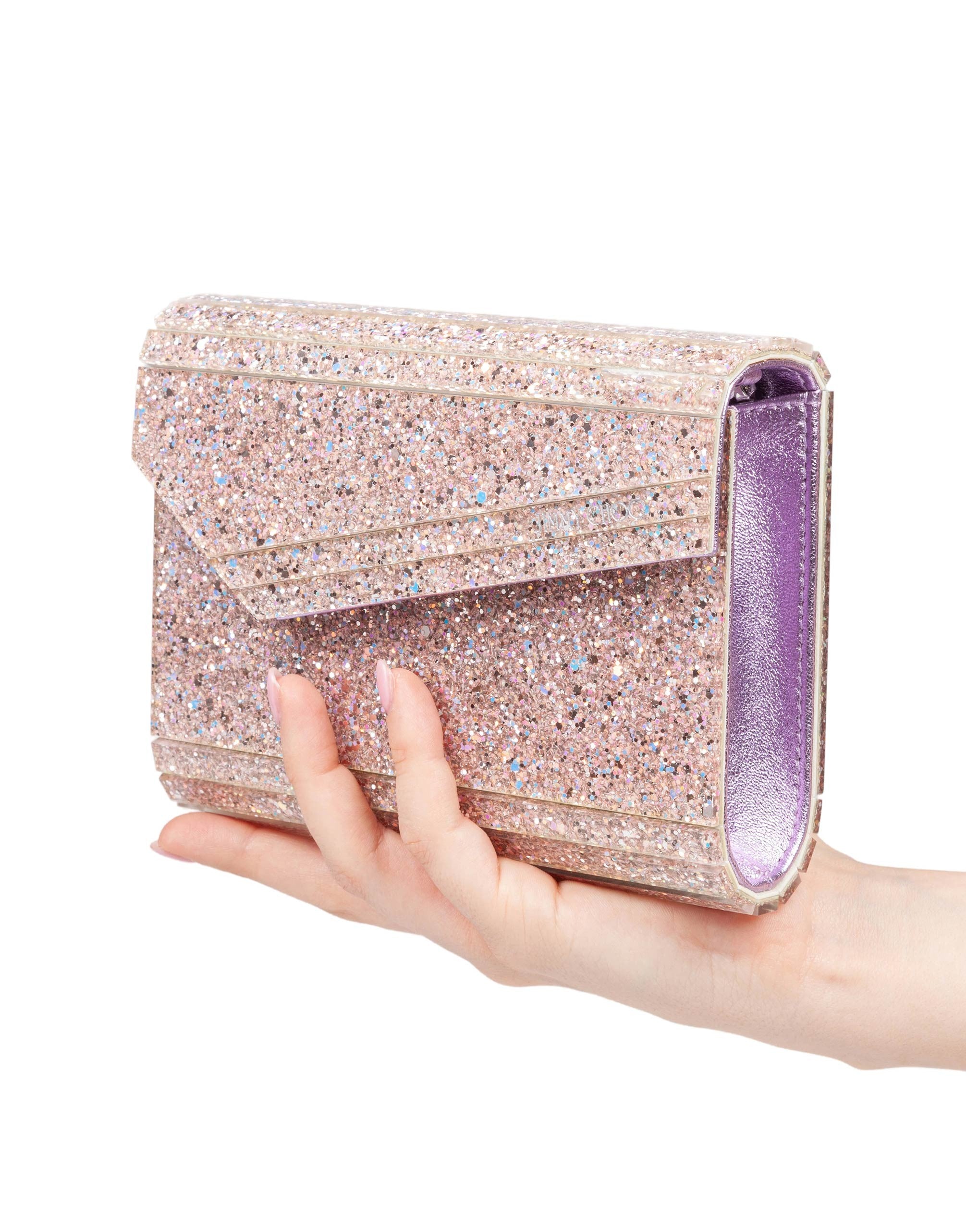JIMMY CHOO POCHETTE CANDY IN TESSUTO ACRILICO CON GLITTER COLORE ROSA
