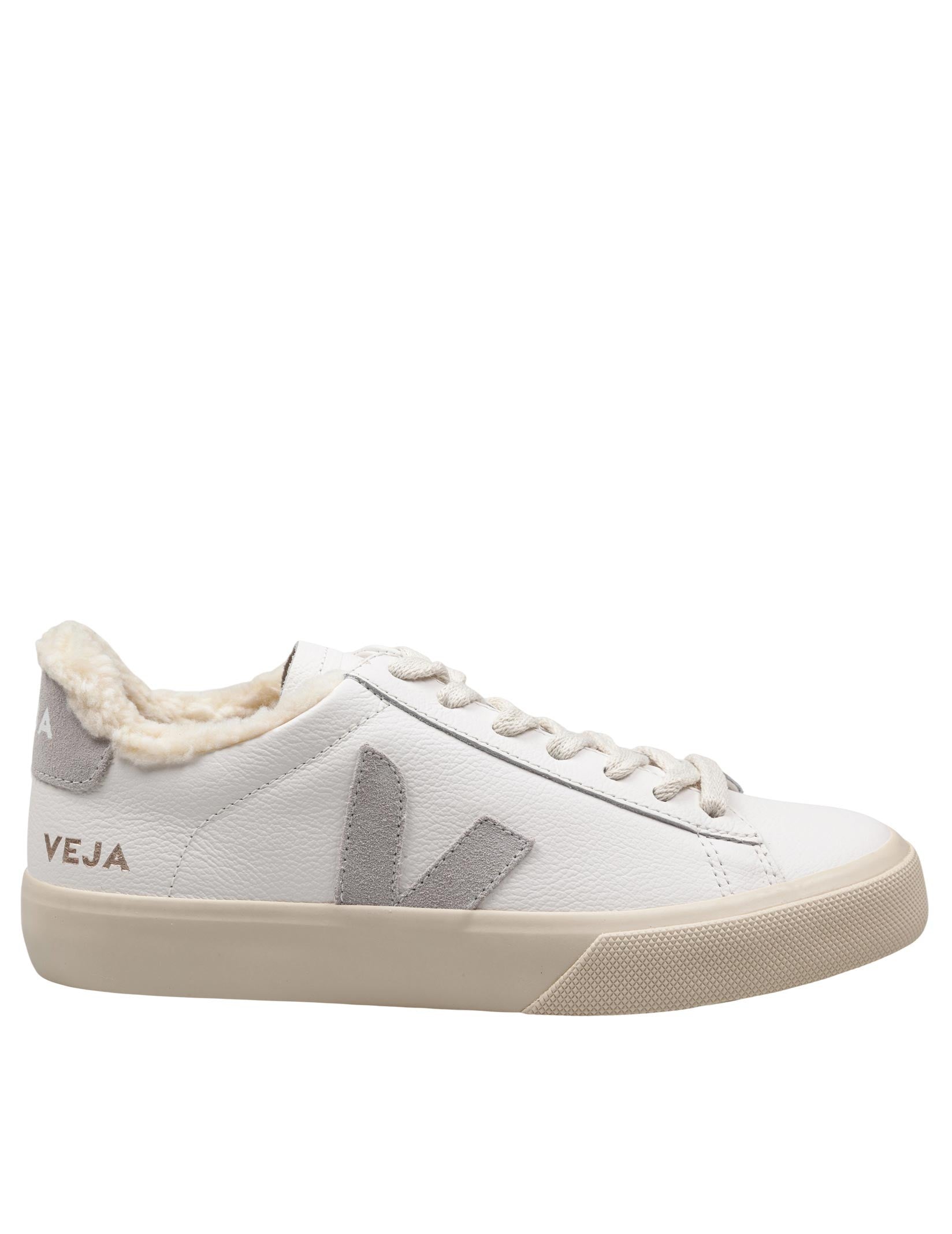 VEJA CAMPO LEATHER SNEAKERS WITH FUR, WHITE AND LIGHT GREY