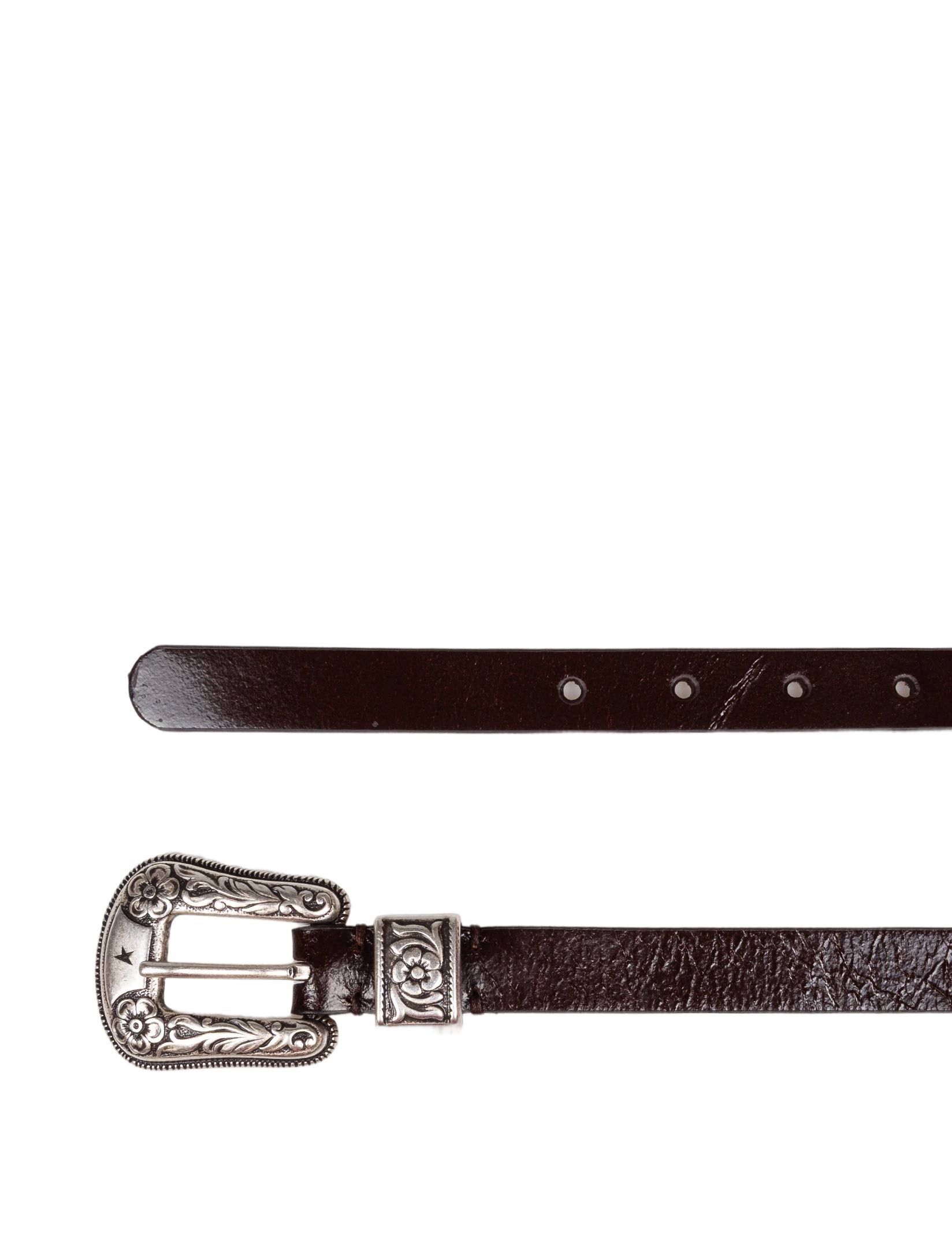 GOLDEN GOOSE LEATHER BELT WITH DECORATED BUCKLE, DARK BROWN