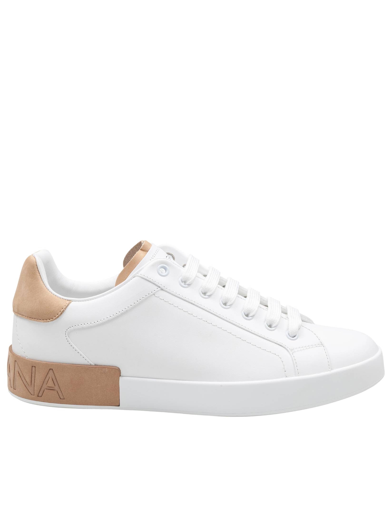 DOLCE & GABBANA PORTOFINO LEATHER SNEAKERS IN WHITE AND TAN