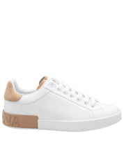 DOLCE & GABBANA PORTOFINO LEATHER SNEAKERS IN WHITE AND TAN