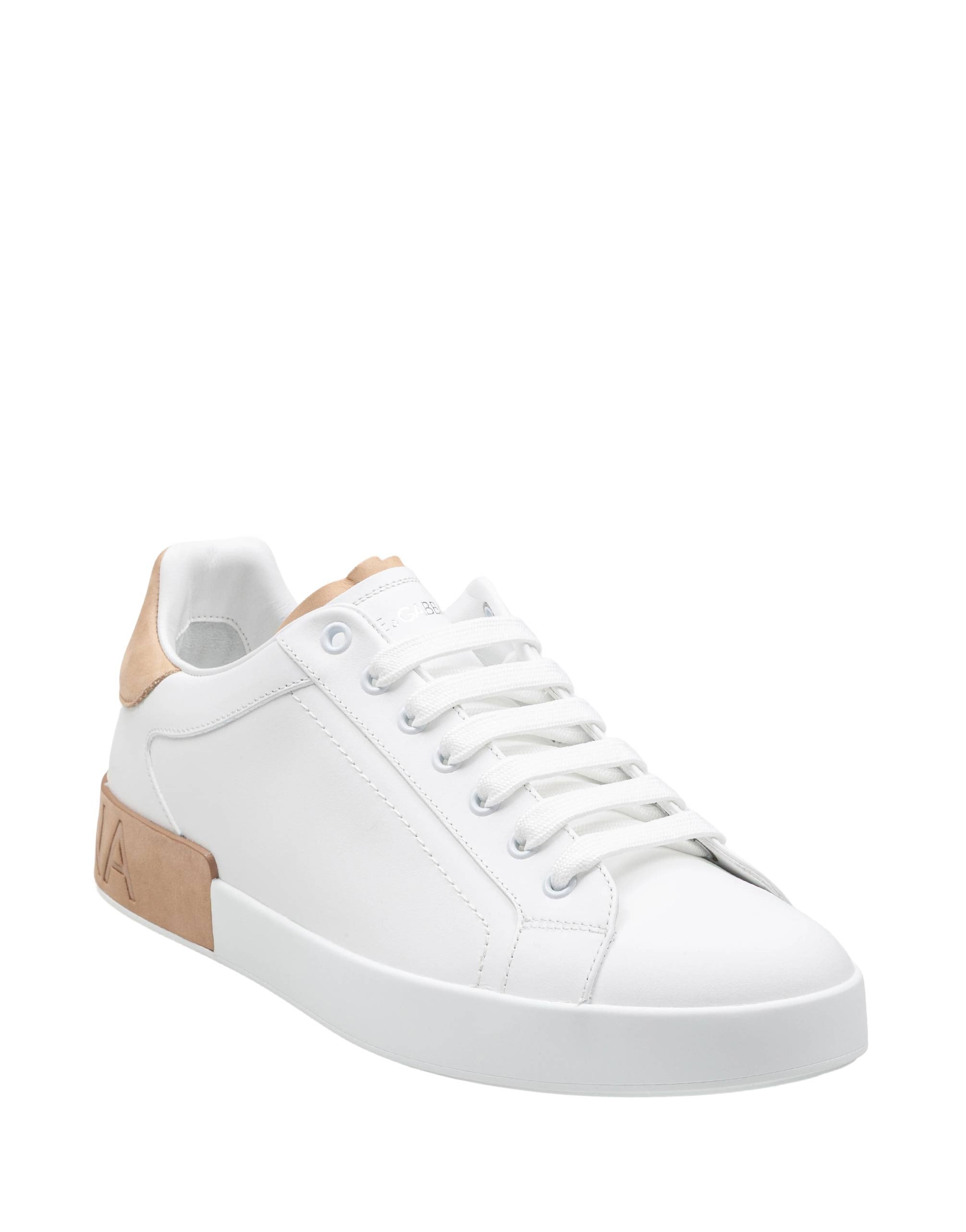 DOLCE & GABBANA PORTOFINO LEATHER SNEAKERS IN WHITE AND TAN