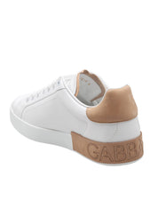 DOLCE & GABBANA PORTOFINO LEATHER SNEAKERS IN WHITE AND TAN