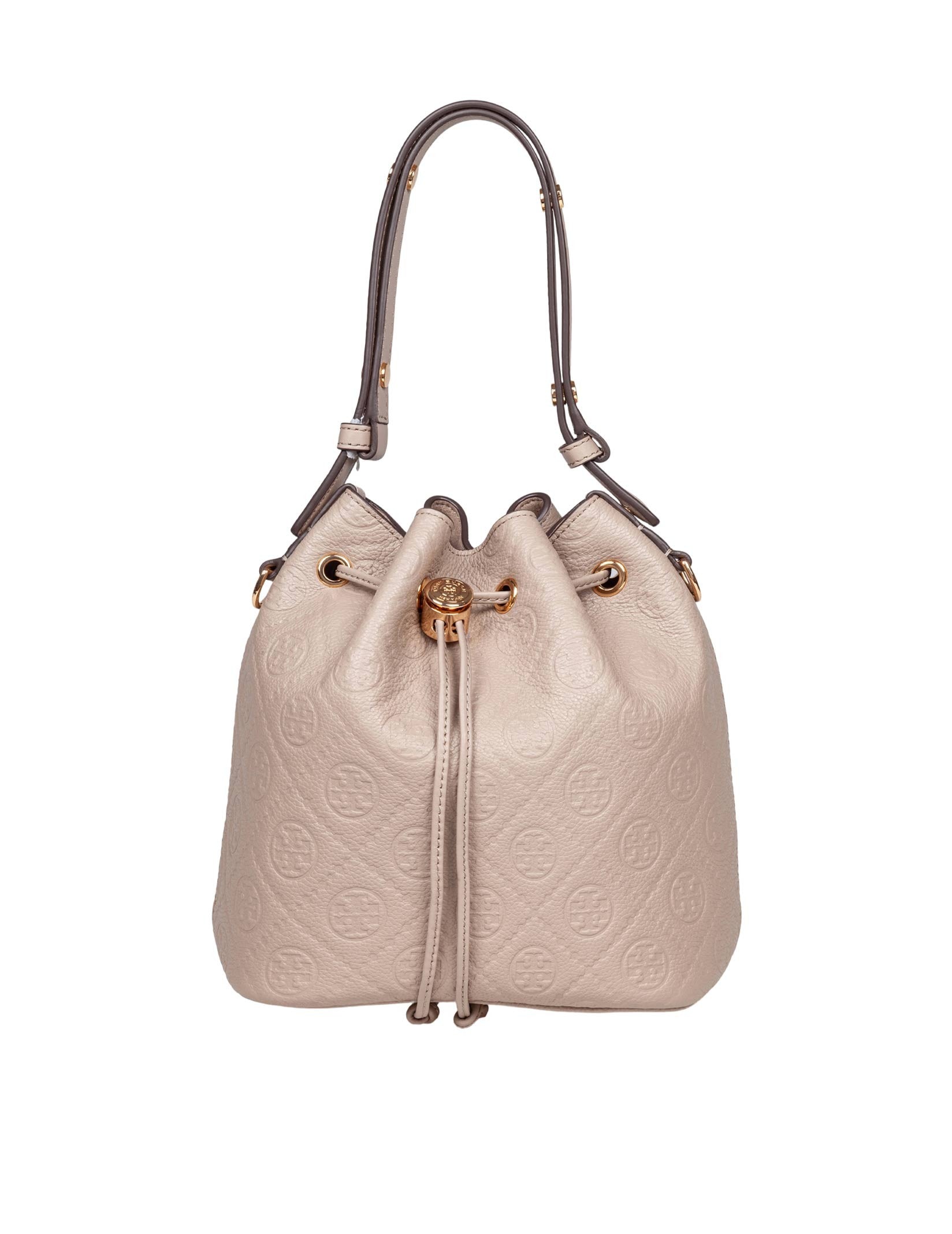 TORY BURCH MONOGRAM LEATHER BUCKET BAG CLAY COLOR