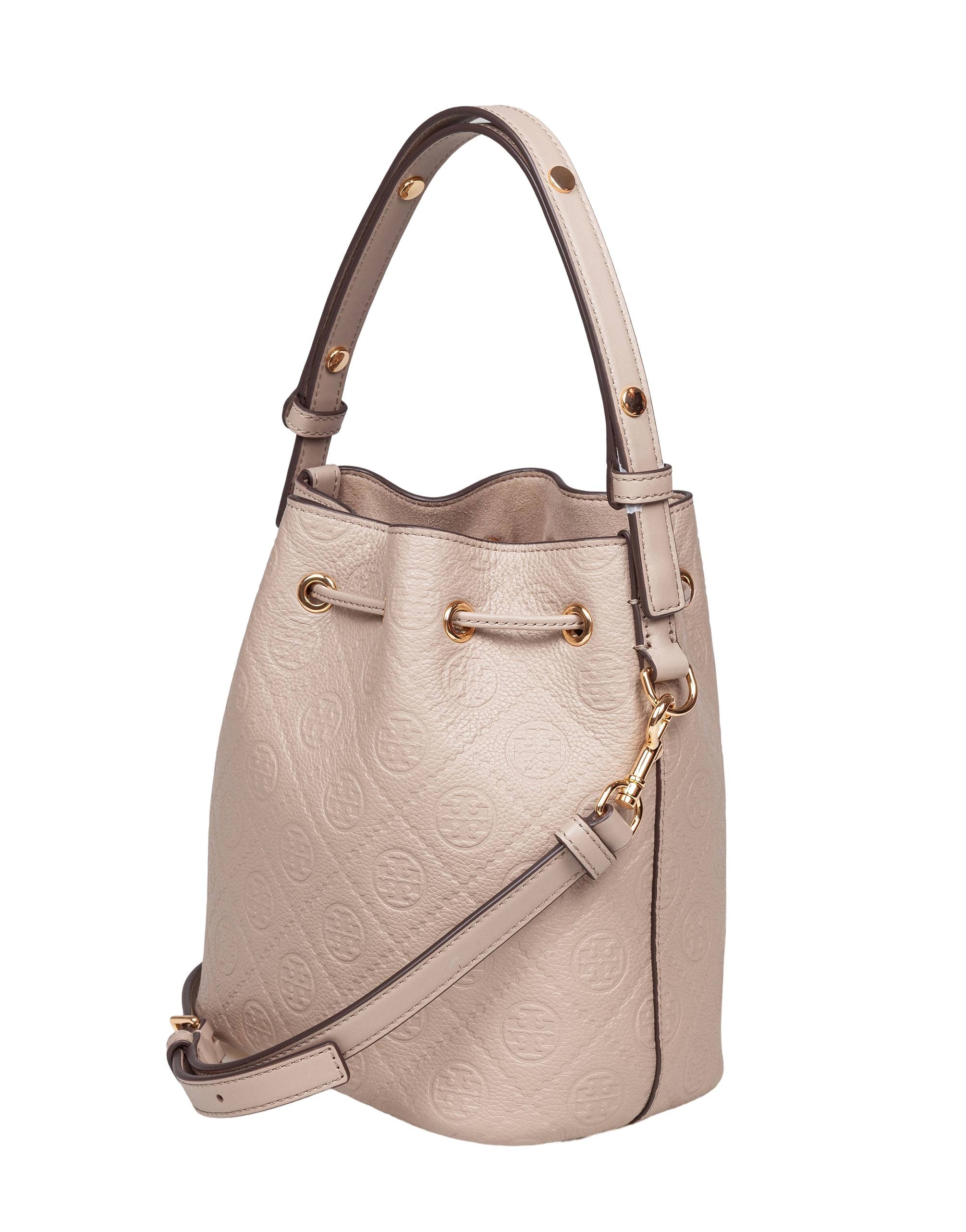 TORY BURCH MONOGRAM LEATHER BUCKET BAG CLAY COLOR