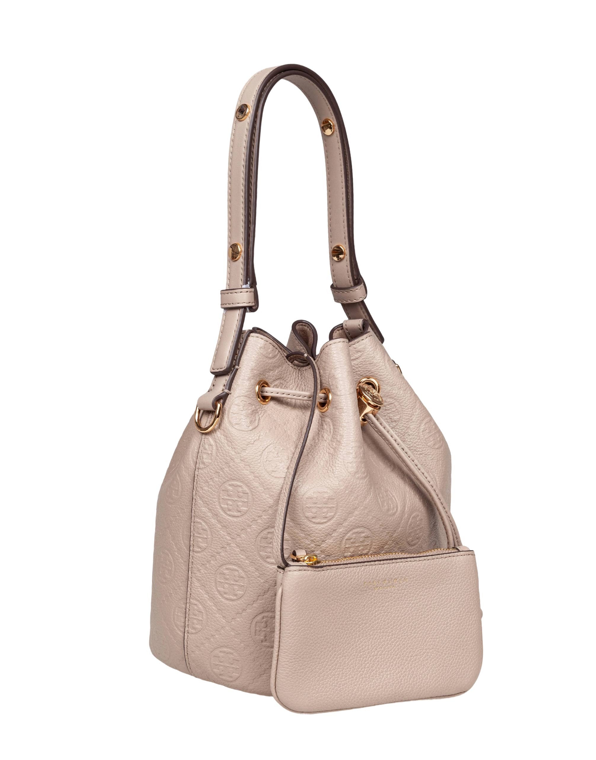 TORY BURCH MONOGRAM LEATHER BUCKET BAG CLAY COLOR