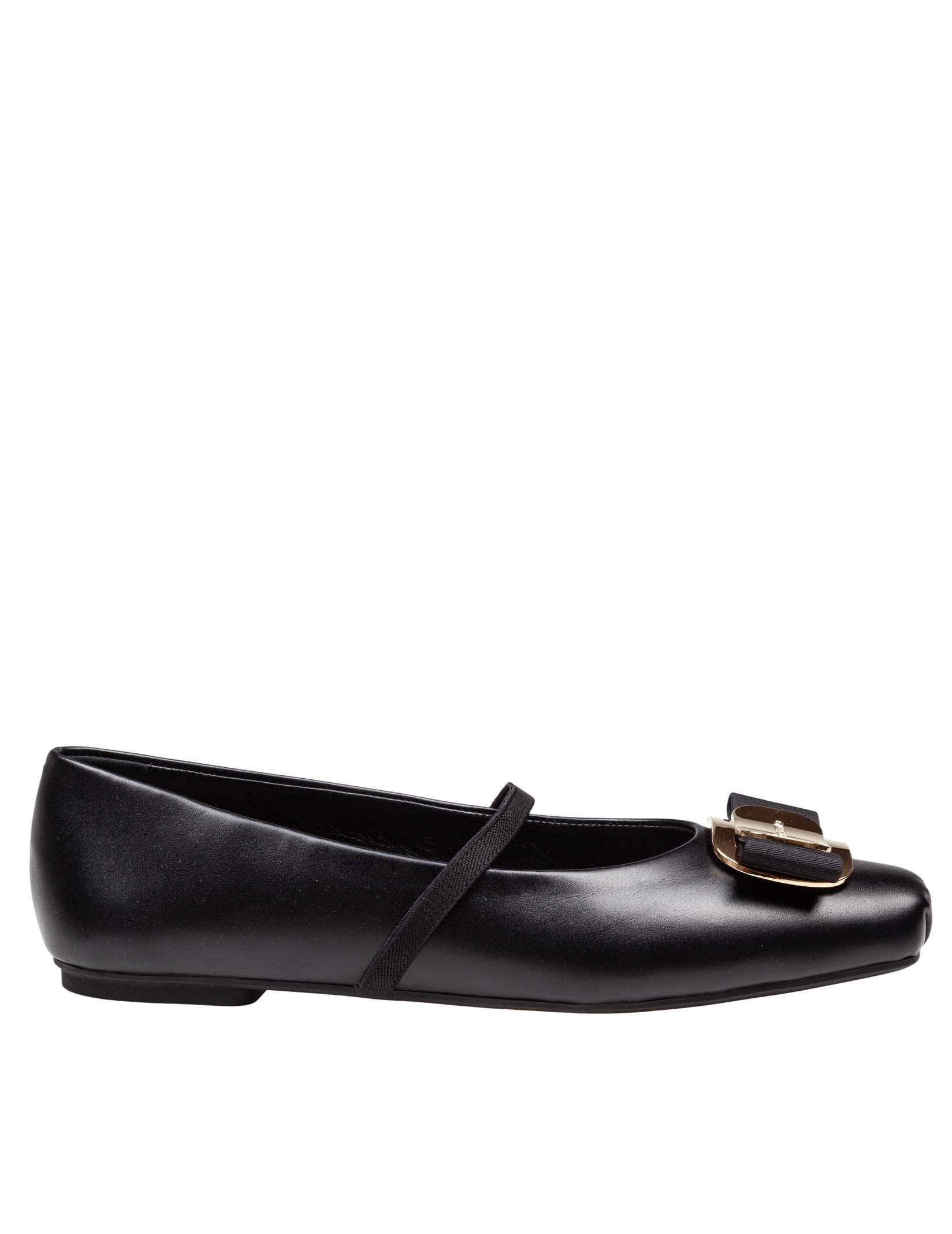 FERRAGAMO ZINA LEATHER BALLERINA FLATS, BLACK