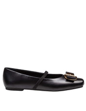 FERRAGAMO ZINA LEATHER BALLERINA FLATS, BLACK