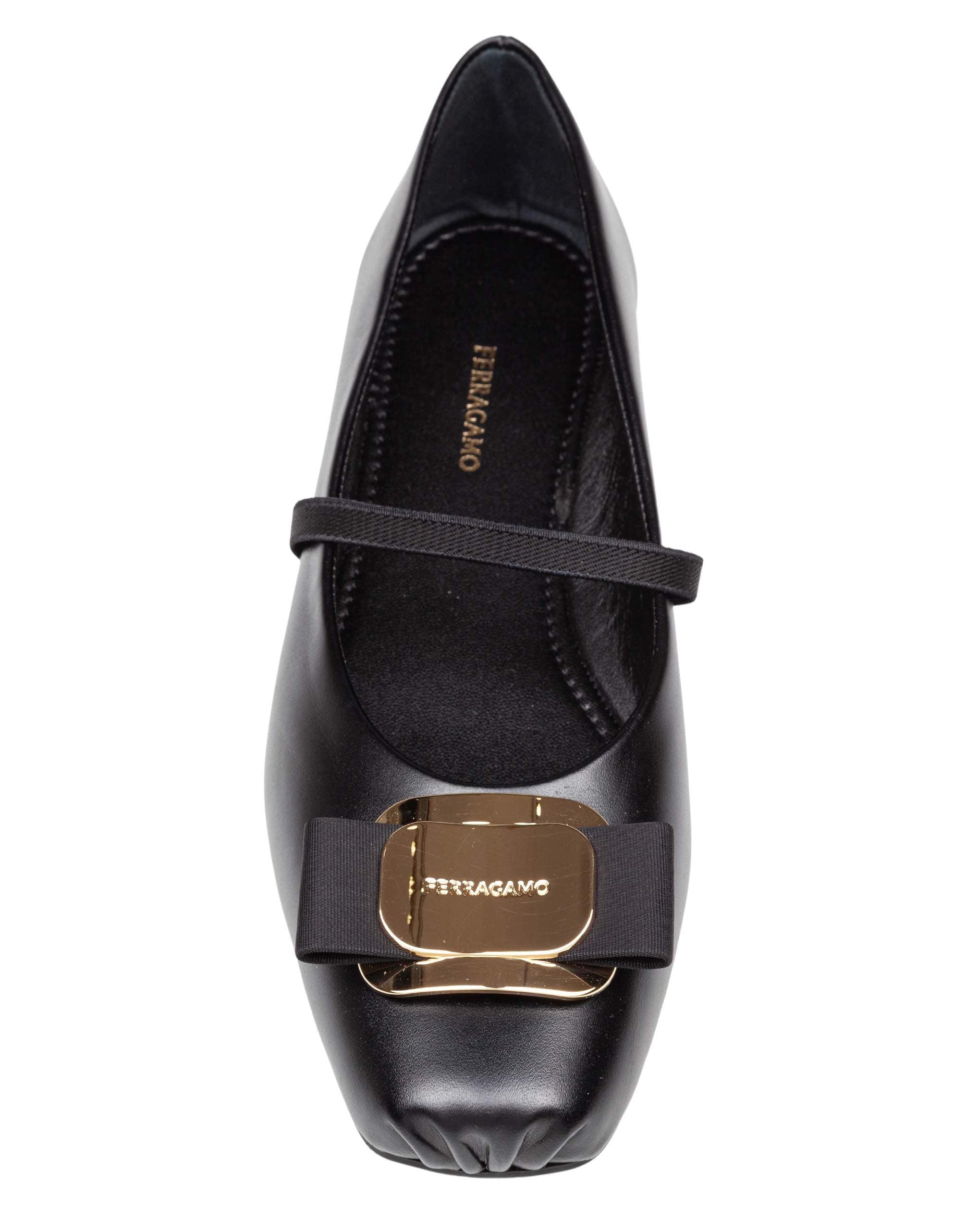 FERRAGAMO ZINA LEATHER BALLERINA FLATS, BLACK