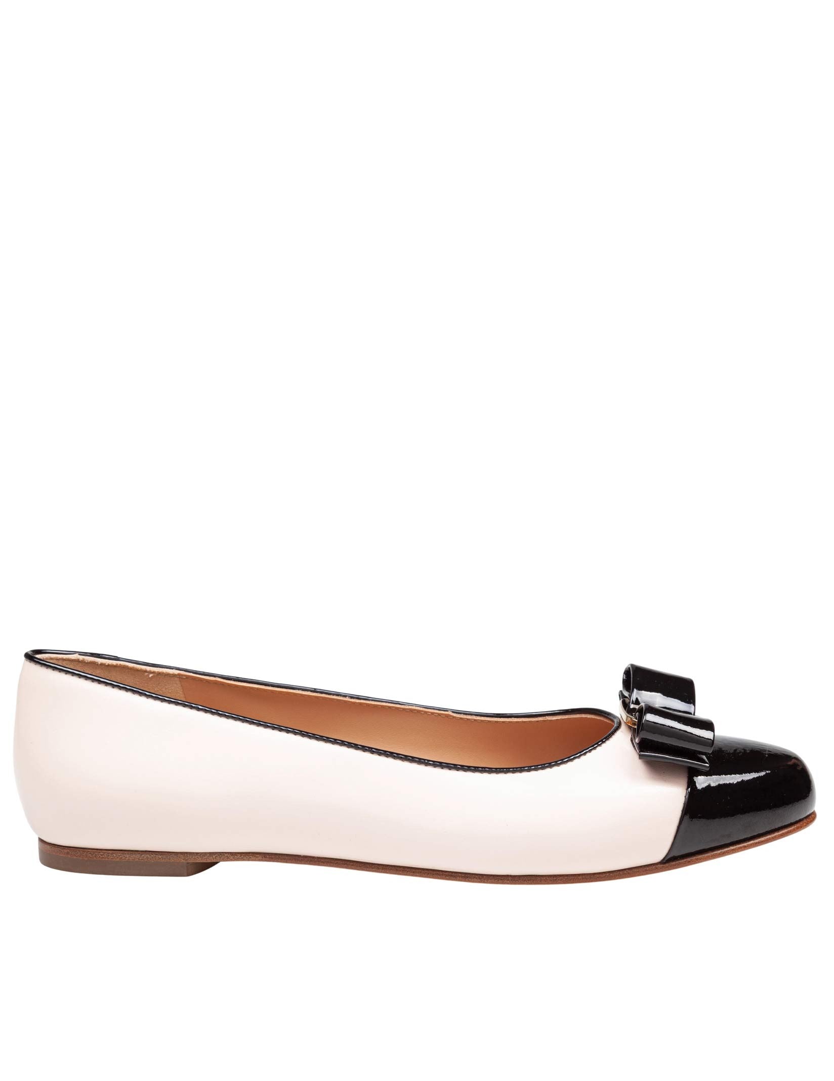 FERRAGAMO VARINA BALLERINA FLATS IN NAPPA AND PATENT LEATHER, PINK AND BLACK