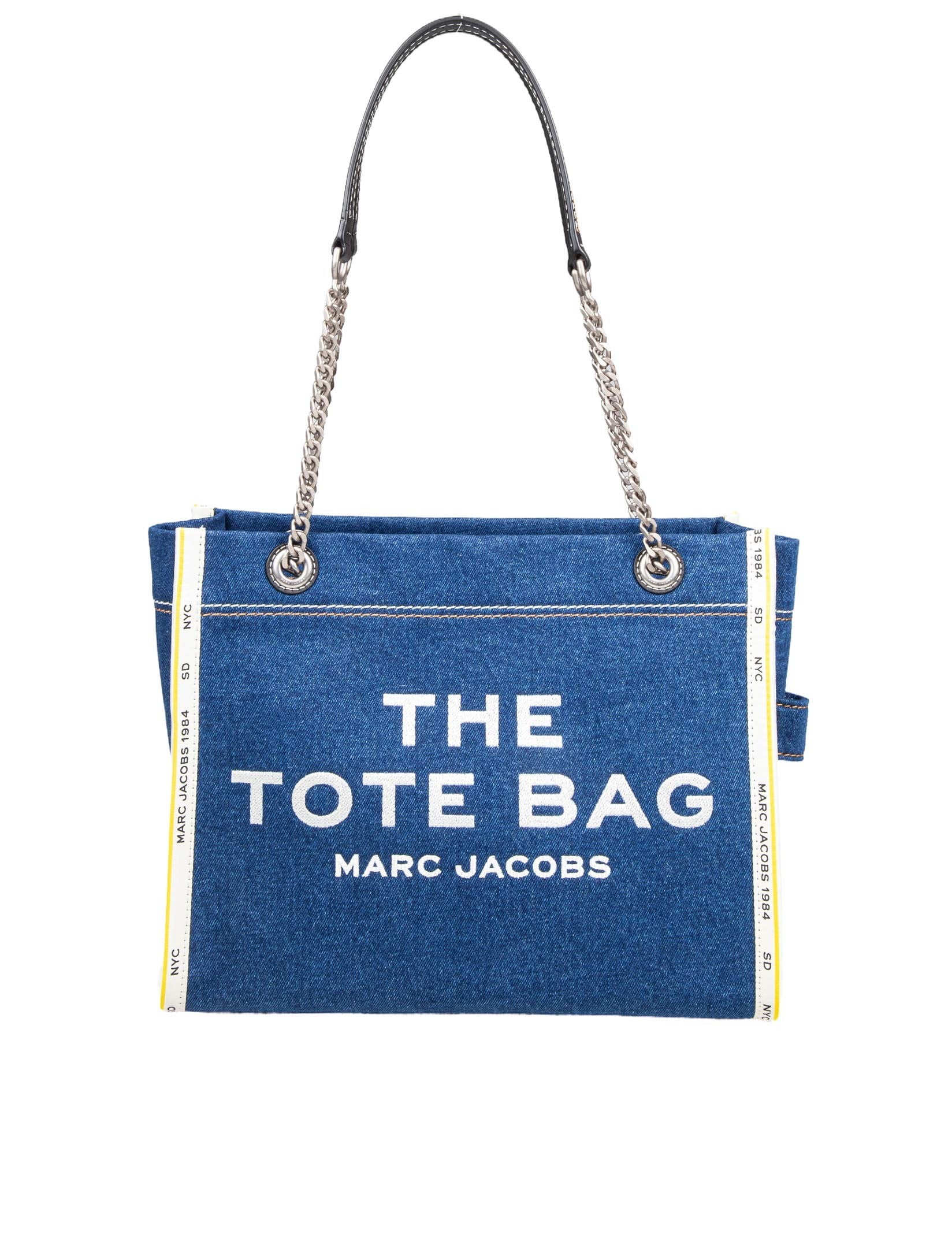 MARC JACOBS THE MEDIUM TOTE IN BLUE DENIM WITH EMBROIDERED LOGO