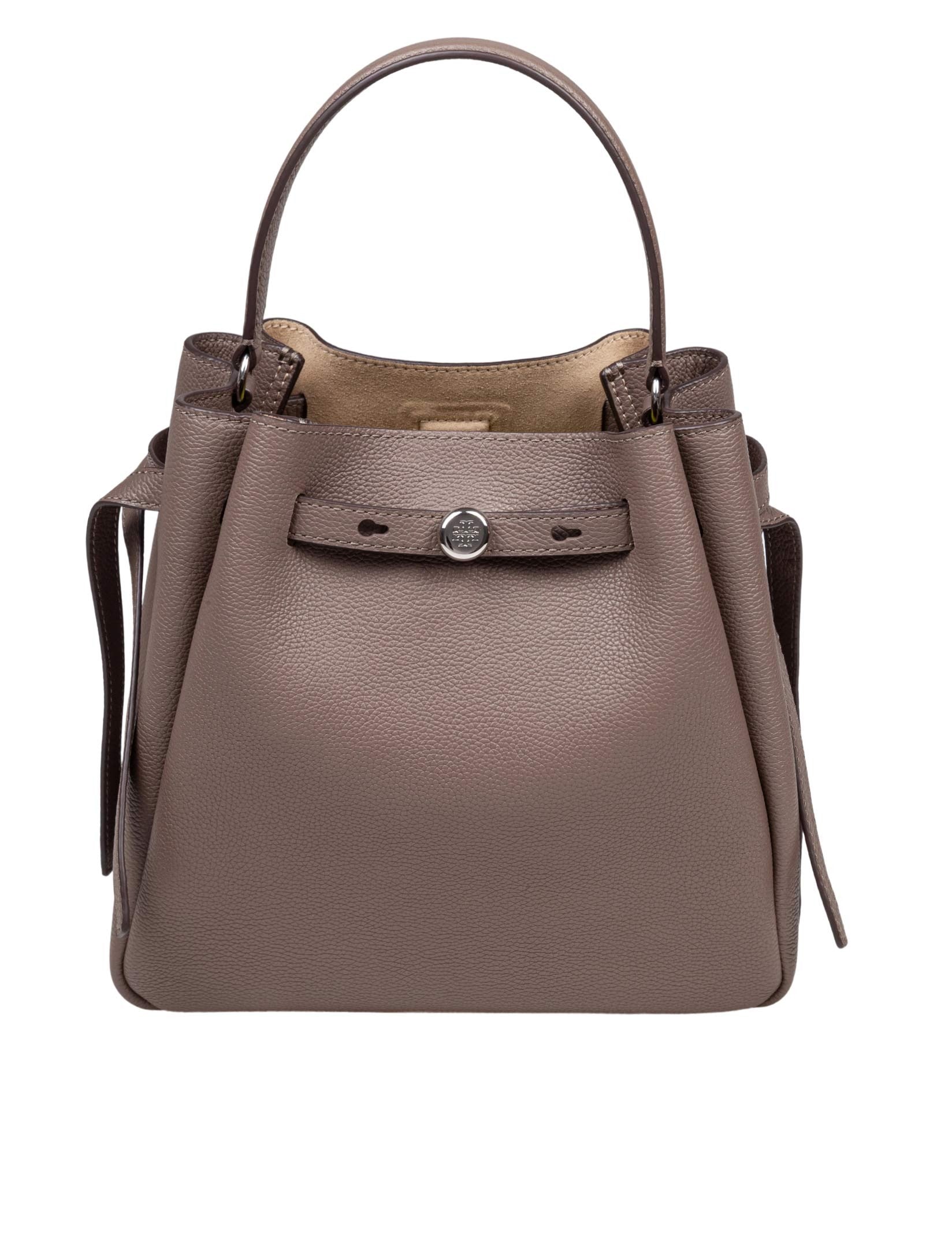 TORY BURCH ROMY HAMMERED LEATHER BUCKET BAG IN WILD MUSHROOM