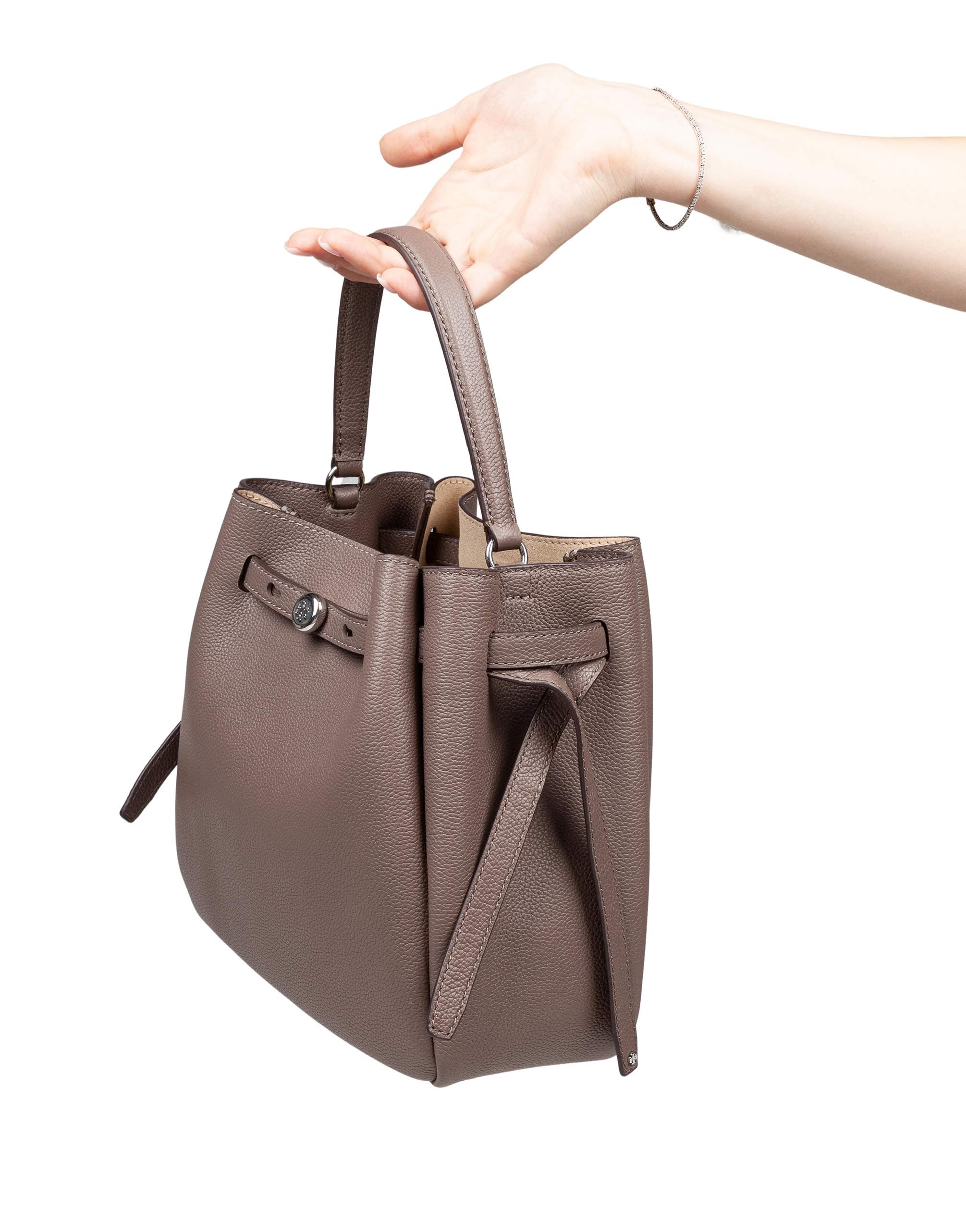 TORY BURCH ROMY HAMMERED LEATHER BUCKET BAG IN WILD MUSHROOM