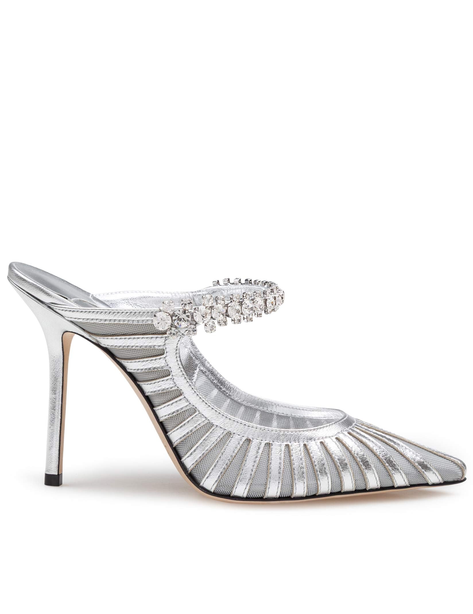 JIMMY CHOO MULES BING IN PELLE E TULLE COLORE ARGENTO