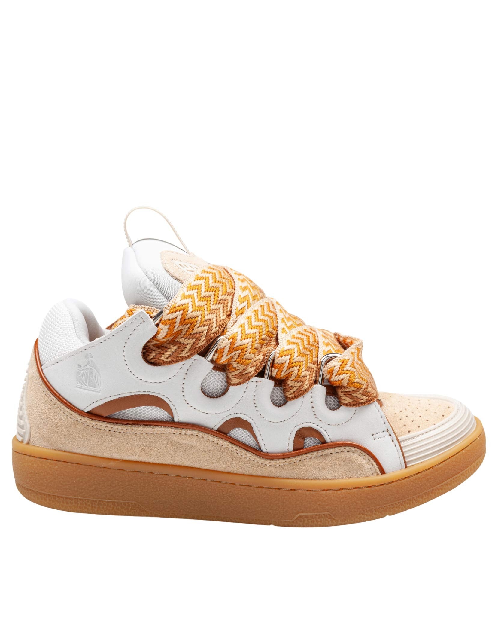 LANVIN CURB LEATHER AND FABRIC SNEAKERS, WHITE AND HONEY