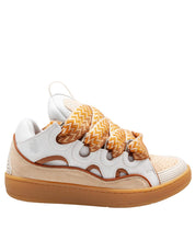 LANVIN CURB LEATHER AND FABRIC SNEAKERS, WHITE AND HONEY
