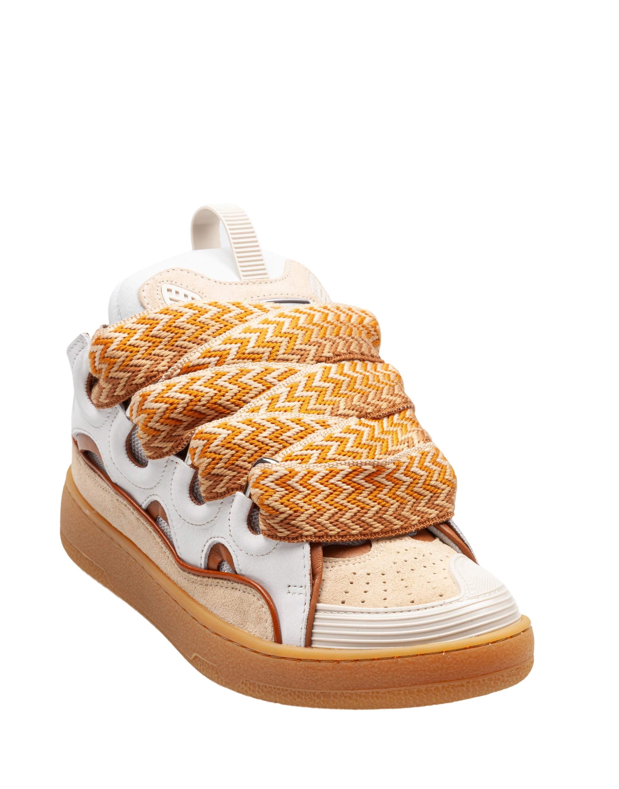 LANVIN CURB LEATHER AND FABRIC SNEAKERS, WHITE AND HONEY